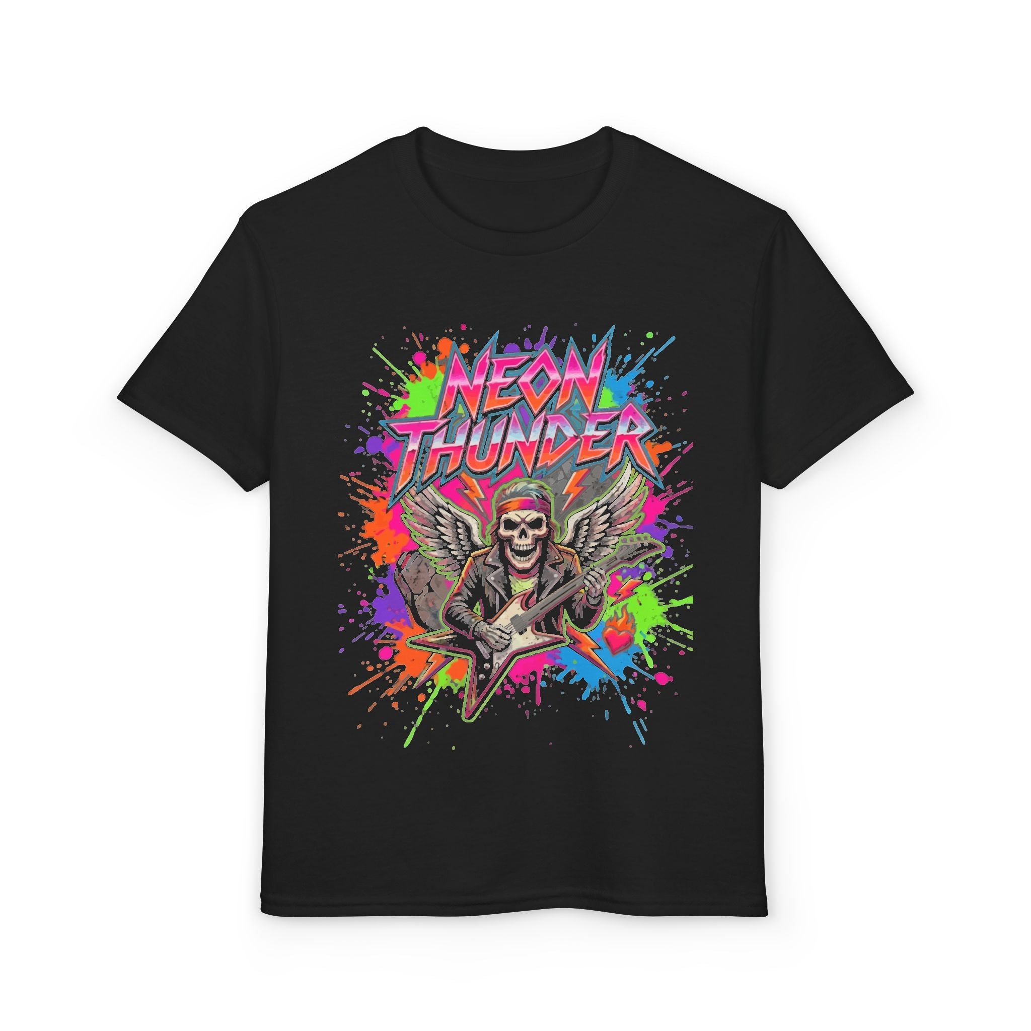 Neon Thunder Youth T-Shirt – Retro Guitar Skull Graphic