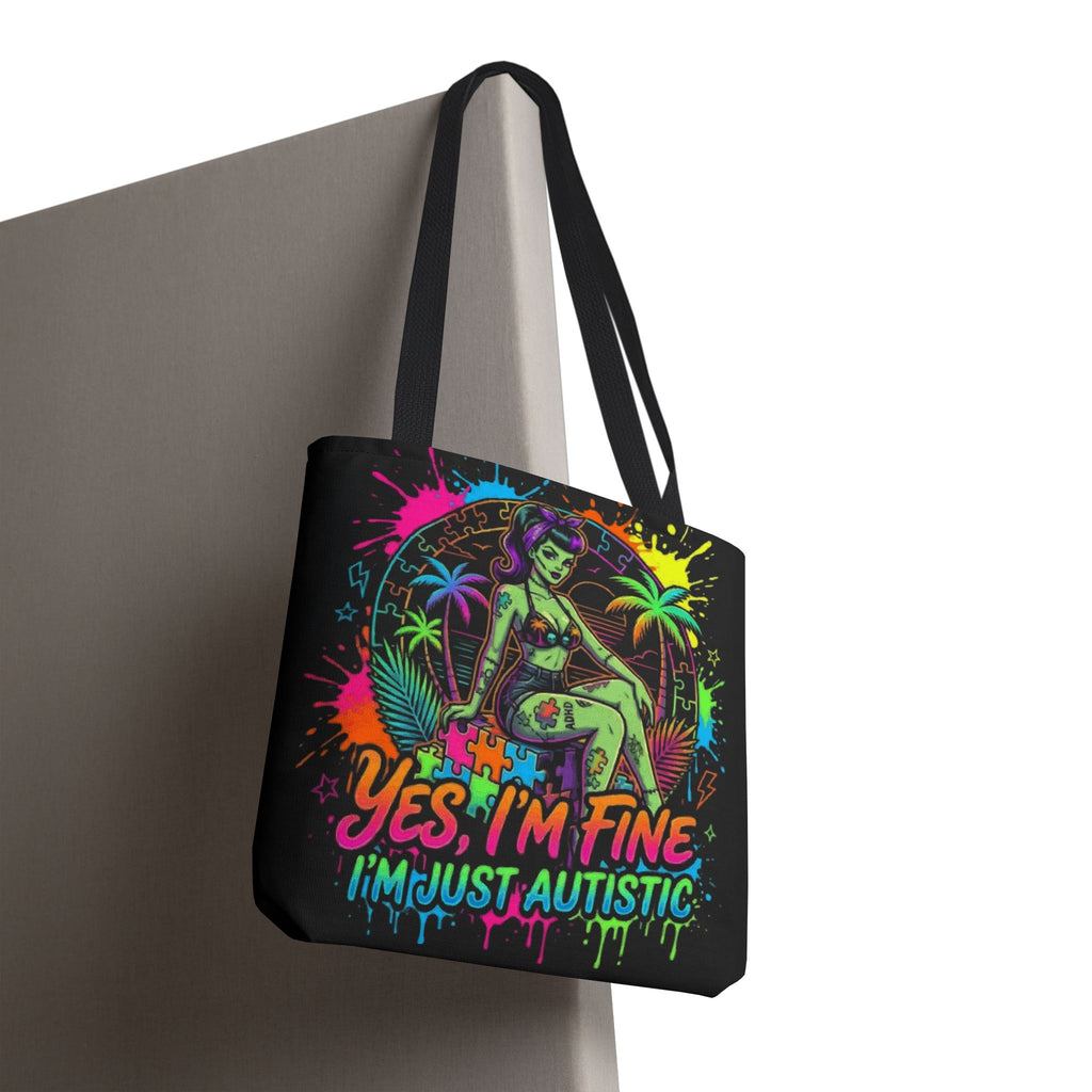 Autistic Pride Tote Bag — “Yes, I’m Fine, I’m Just Autistic” Neon Pinup Tote