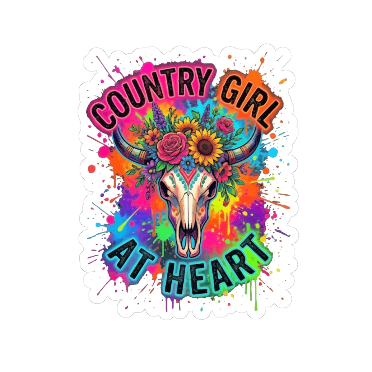 Country Girl At Heart Kiss-Cut Sticker — Colorful Floral Steer Skull Decal