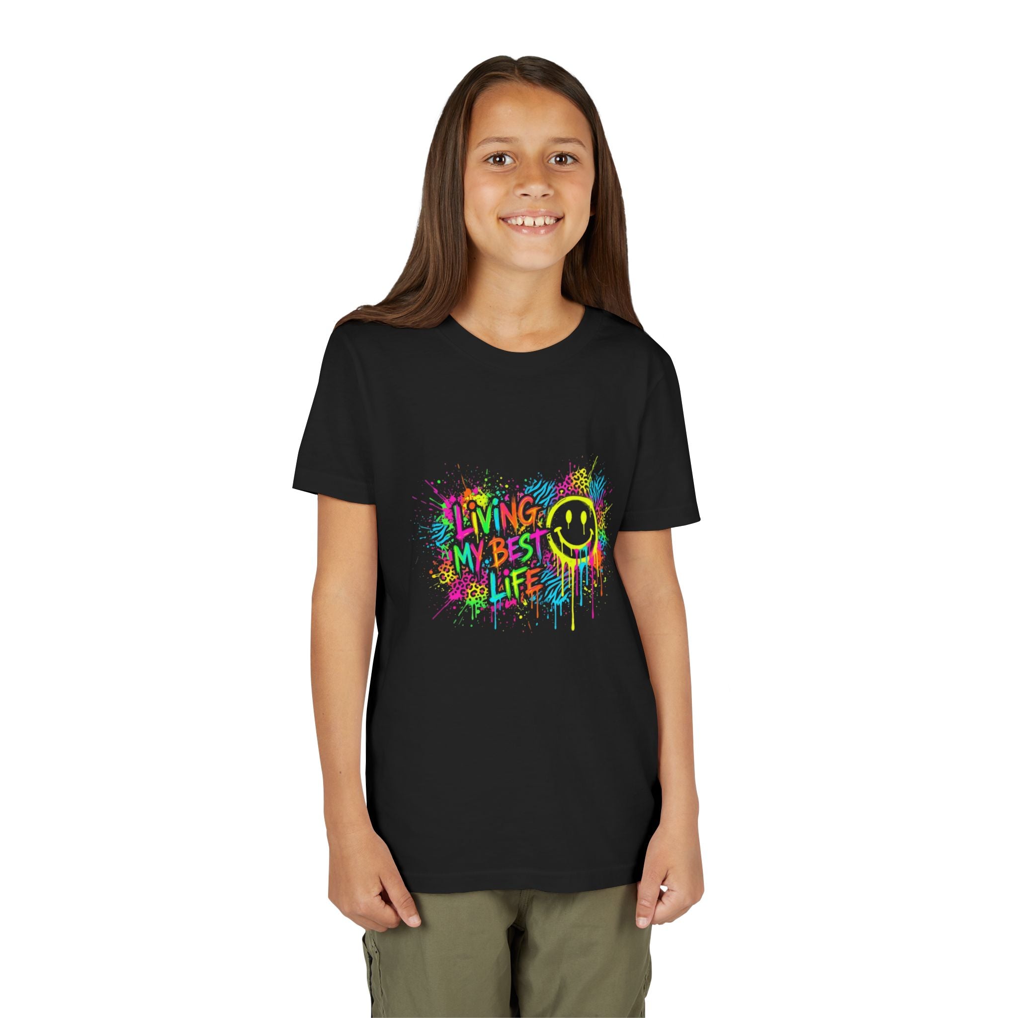 Youth Tee — 'Living My Best Life' Neon Paint Smiley Graphic