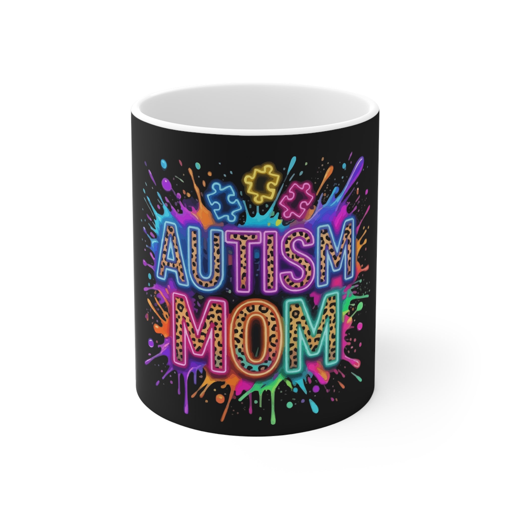 Autism Mom 11oz Mug — Colorful Puzzle Splash Coffee Cup for Proud Moms