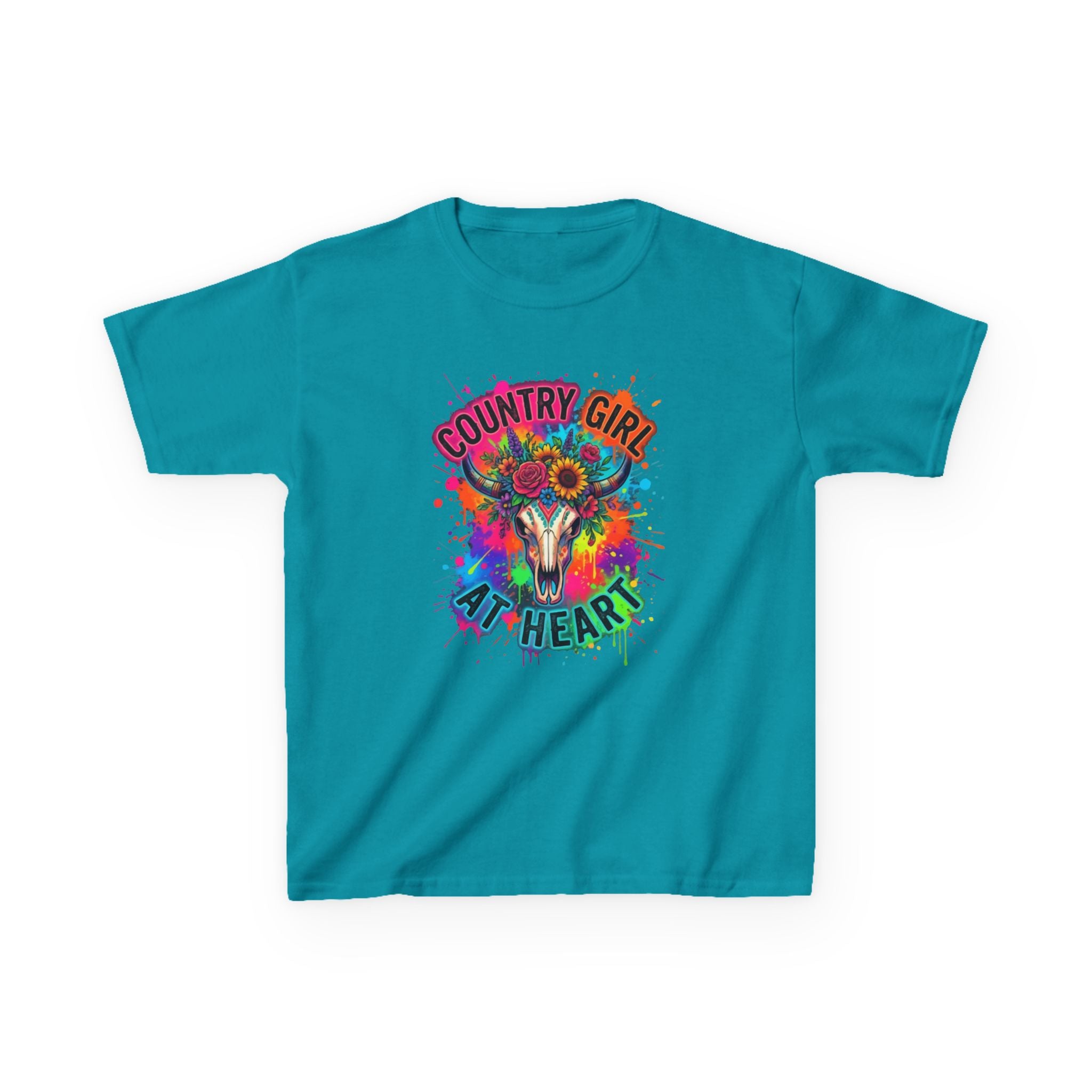 Kids T-Shirt - "Country Girl At Heart" Colorful Skull & Flowers Tee