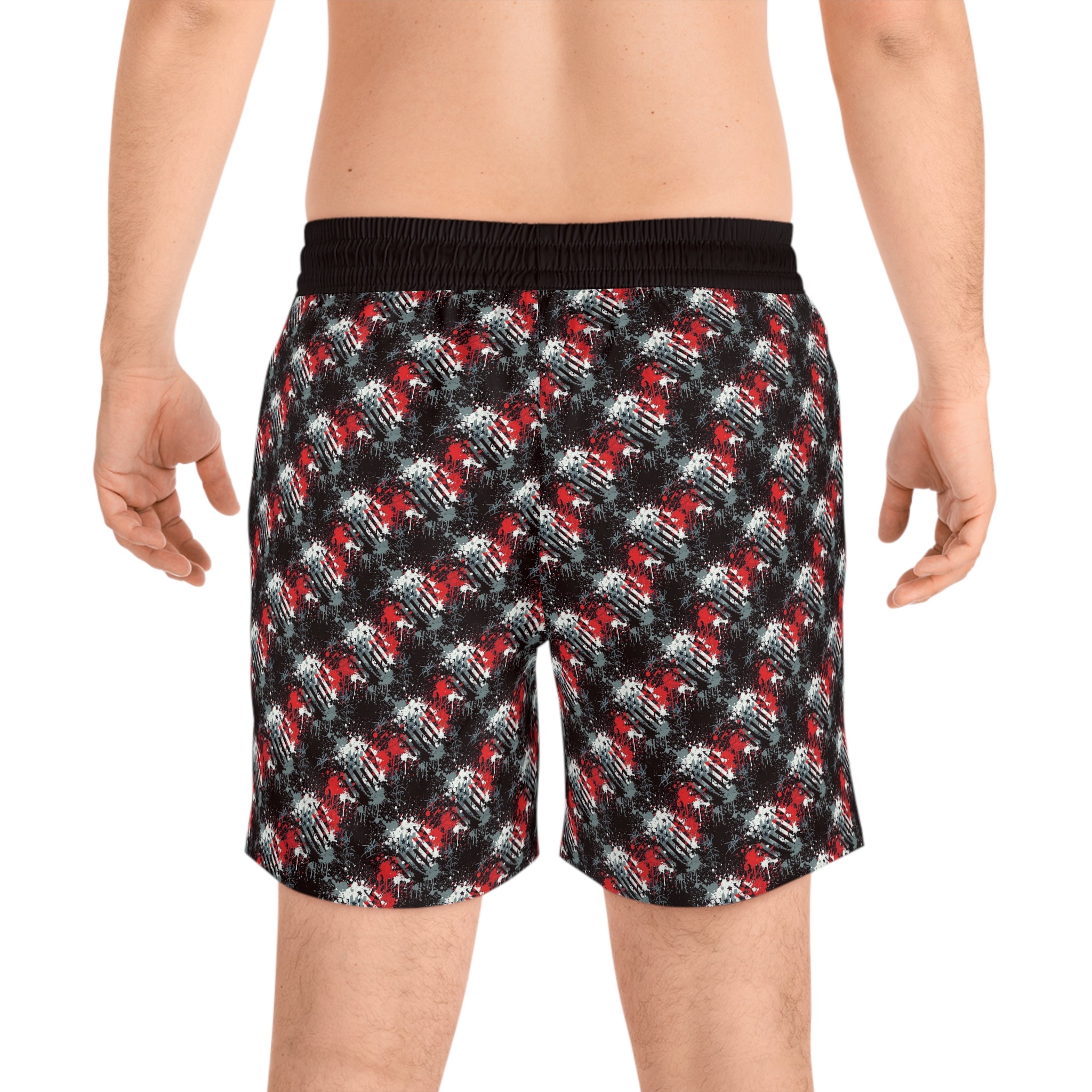 Men's American Flag Grunge Swim Shorts — Red, White & Black Mid-Length