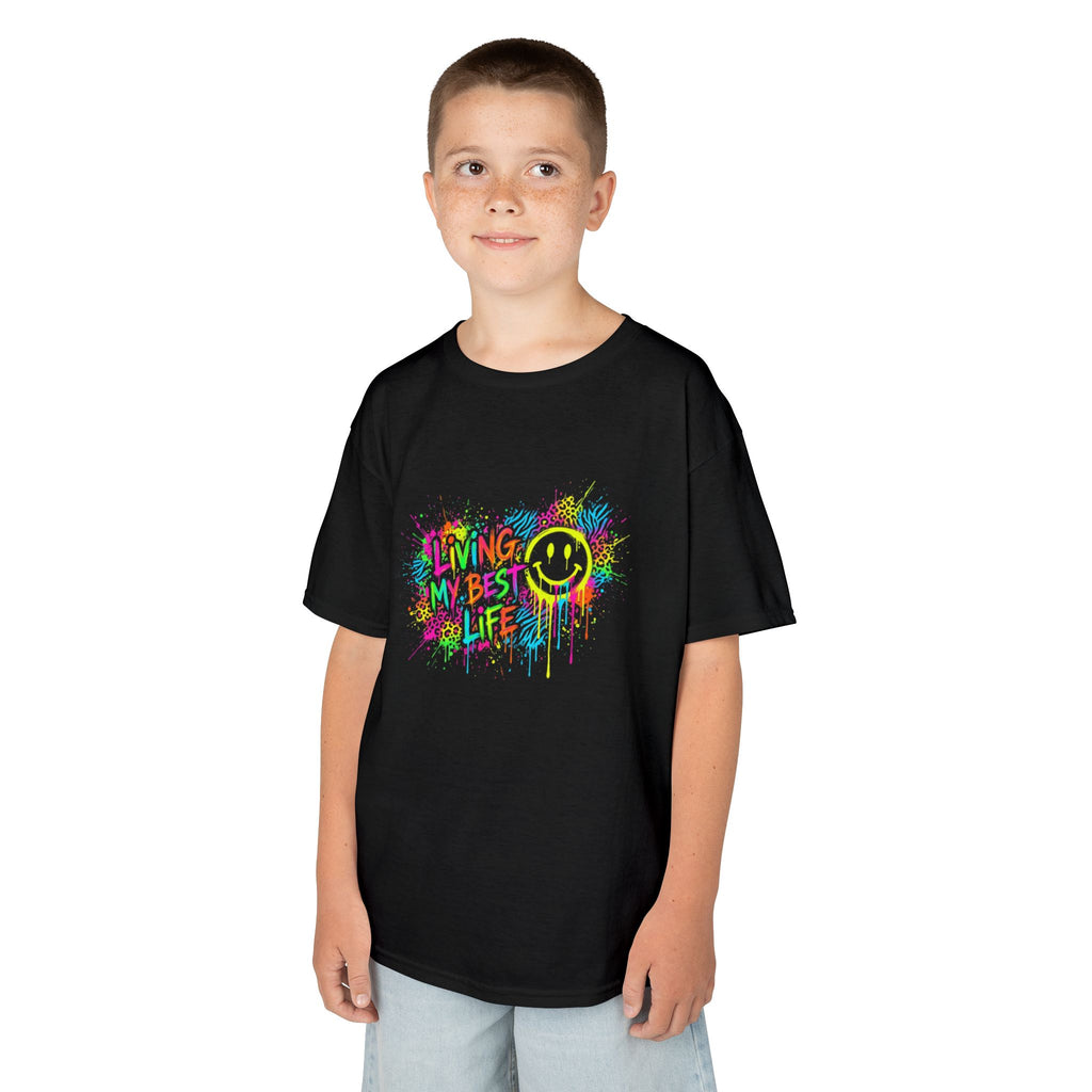 Kids T-Shirt — 'Living My Best Life' Neon Paint Smiley Graphic