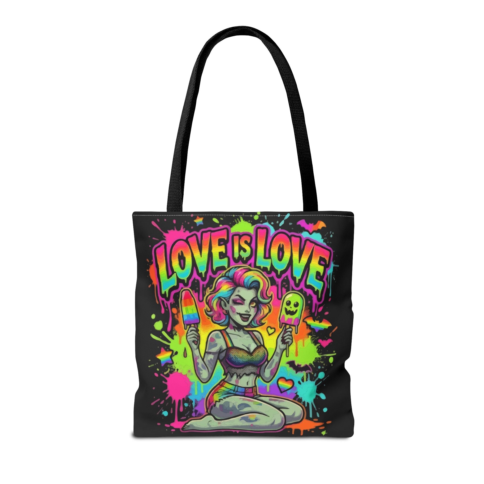 Love Is Love Neon Pride Tote Bag — Colorful Retro Pin-Up LGBTQ+ Canvas Tote