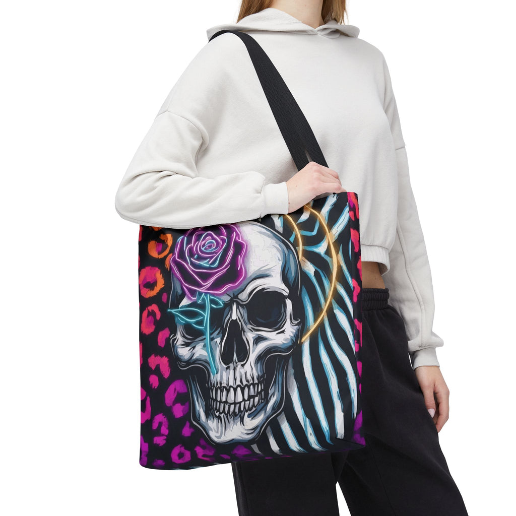 Skull & Rose Pattern Tote Bag — Neon Animal Print All-Over Tote