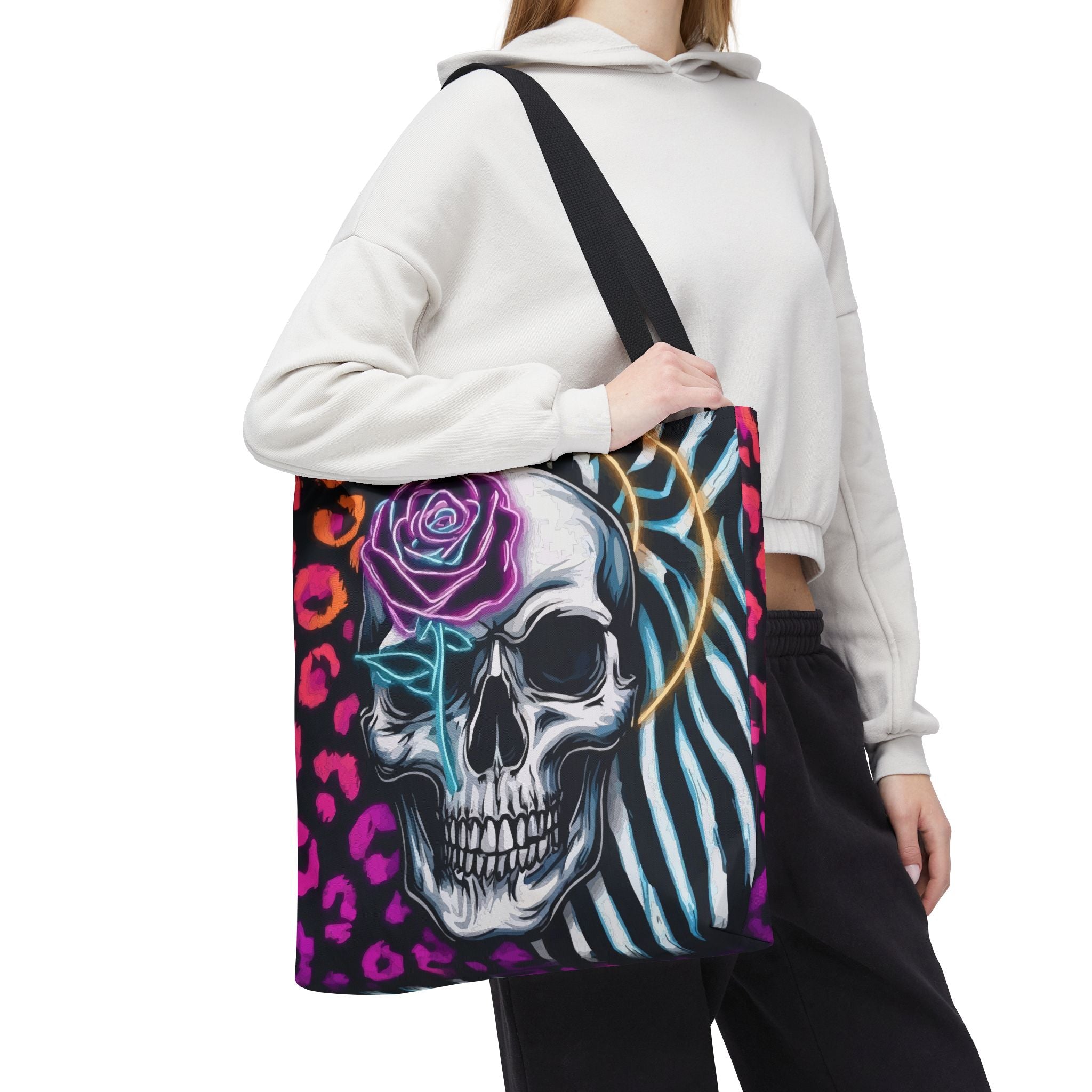 Skull & Rose Pattern Tote Bag — Neon Animal Print All-Over Tote