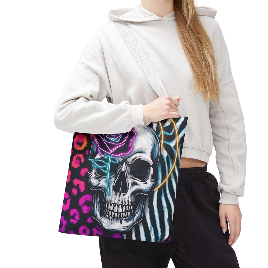 Skull & Rose Pattern Tote Bag — Neon Animal Print All-Over Tote