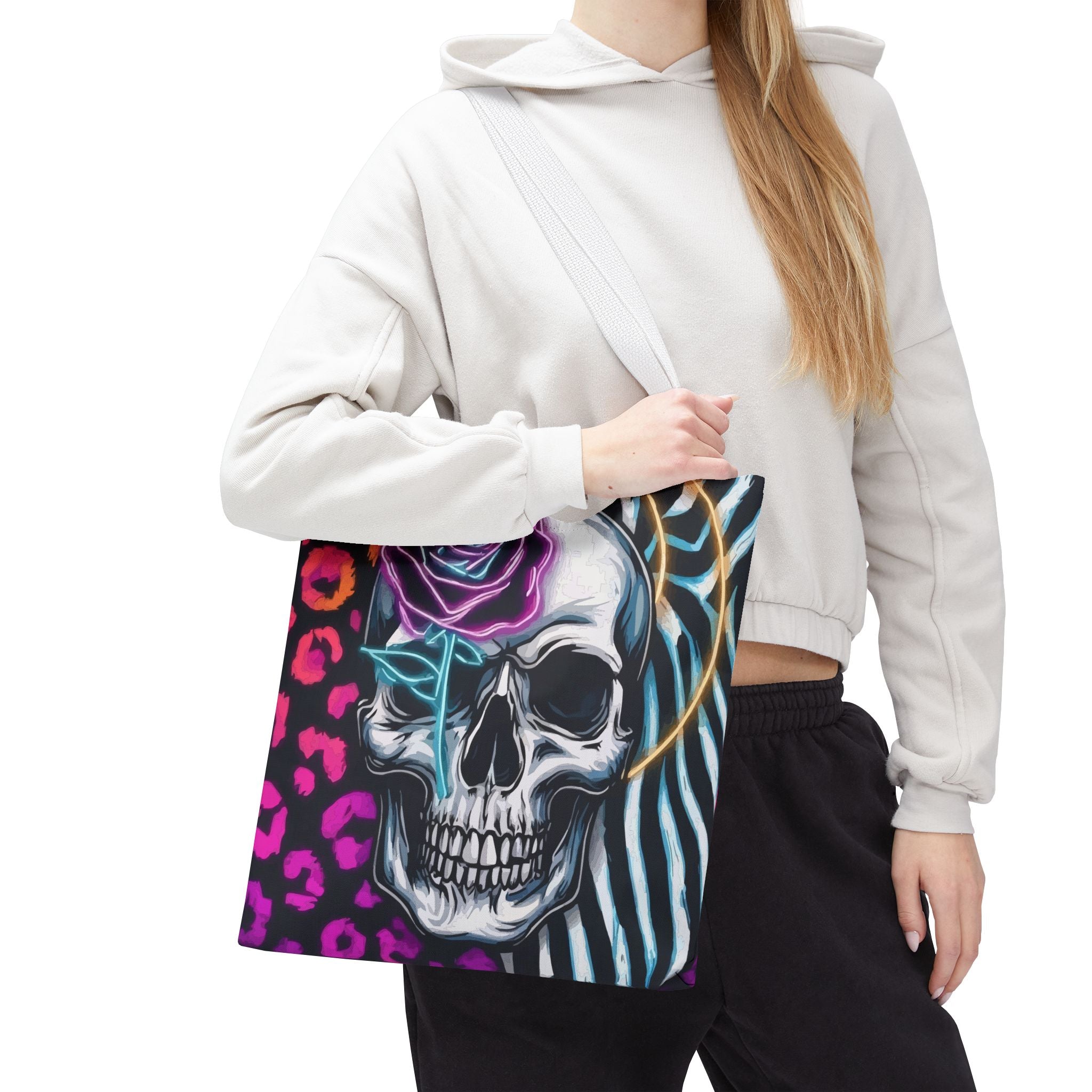 Skull & Rose Pattern Tote Bag — Neon Animal Print All-Over Tote
