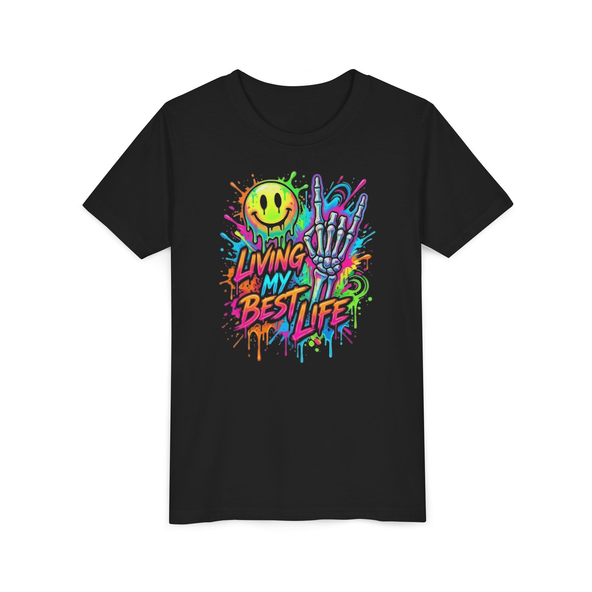 Youth Tee — 'Living My Best Life' Neon Skull Graphic