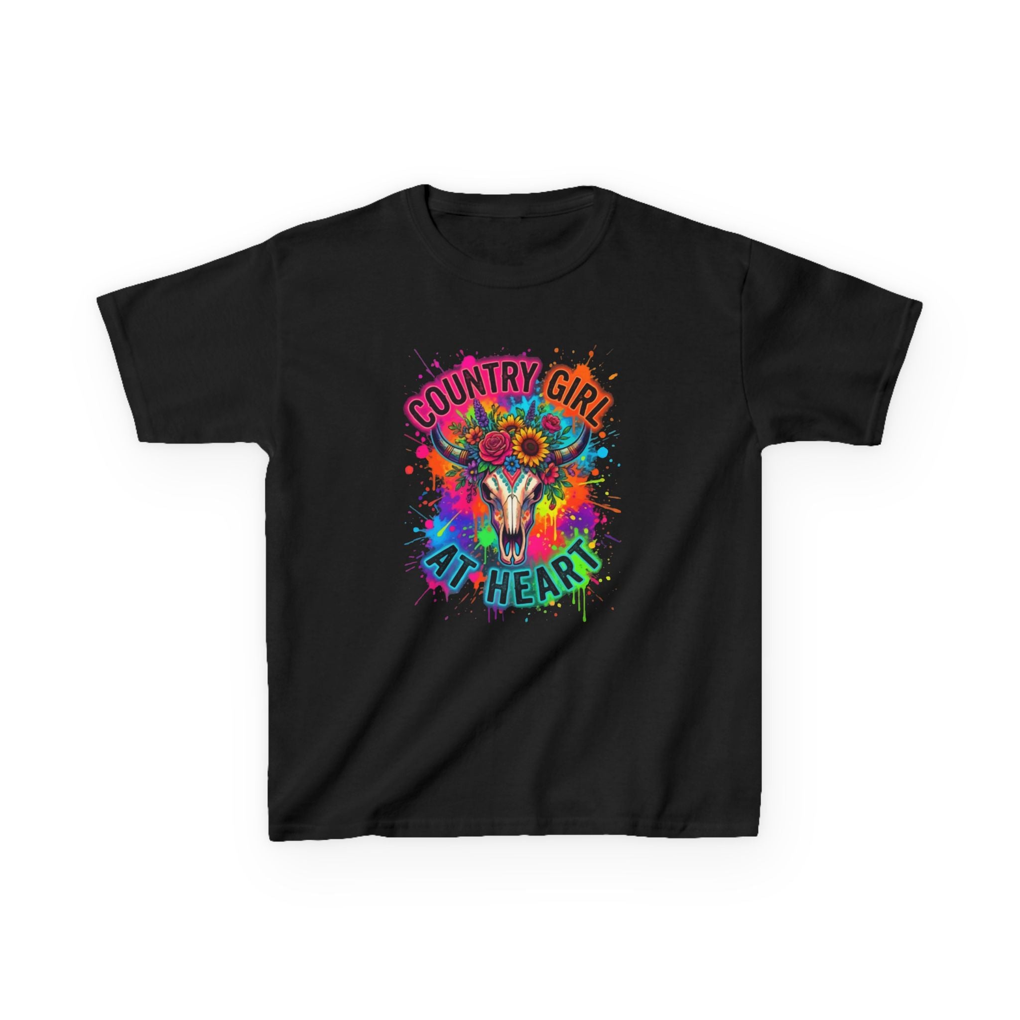 Kids T-Shirt - "Country Girl At Heart" Colorful Skull & Flowers Tee