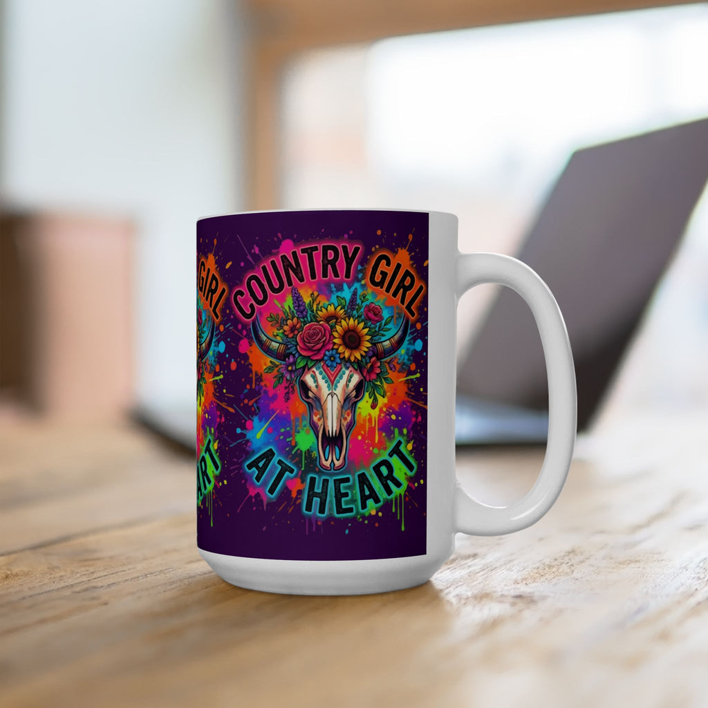 Country Girl At Heart Ceramic Mug — Colorful Floral Cow Skull Coffee Cup (11oz, 15oz)