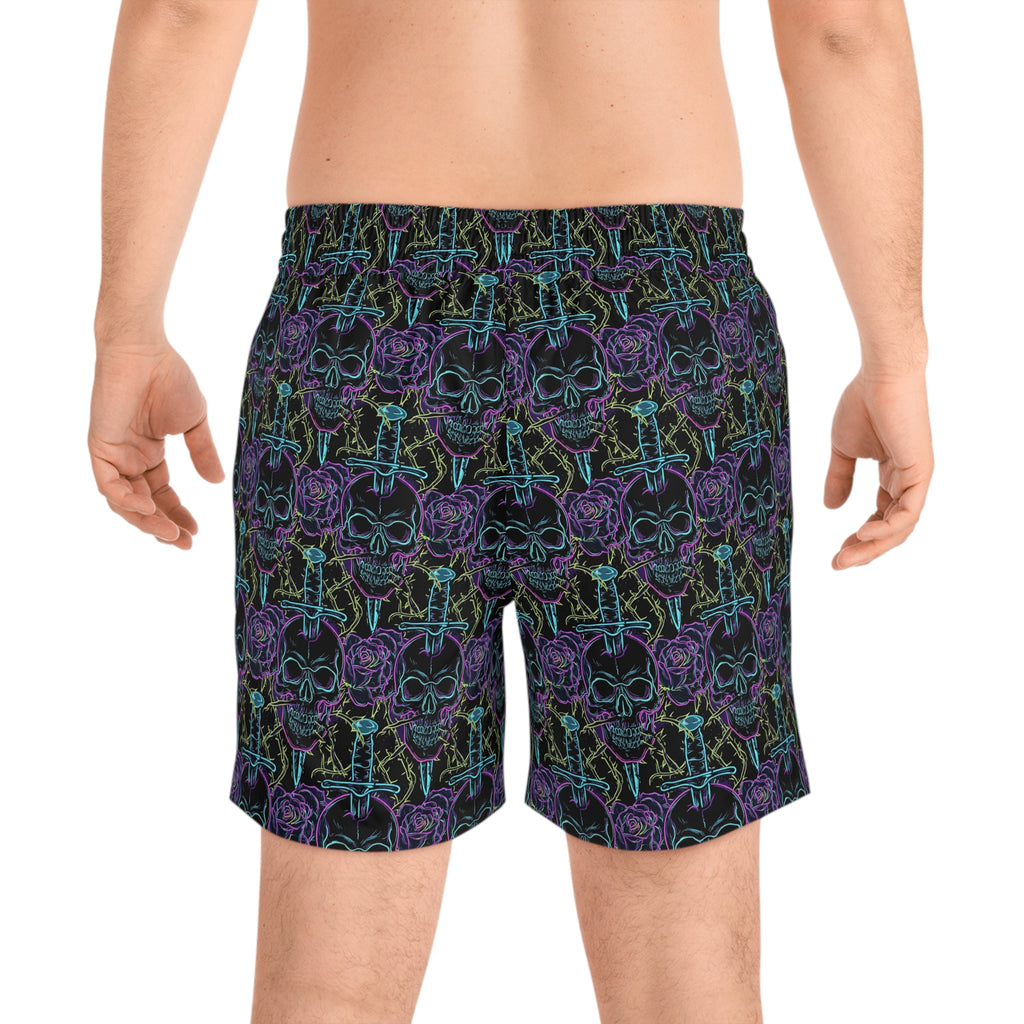 Neon Skull & Dagger Swim Shorts — Gothic Rose Men's Mid-Length Trunks