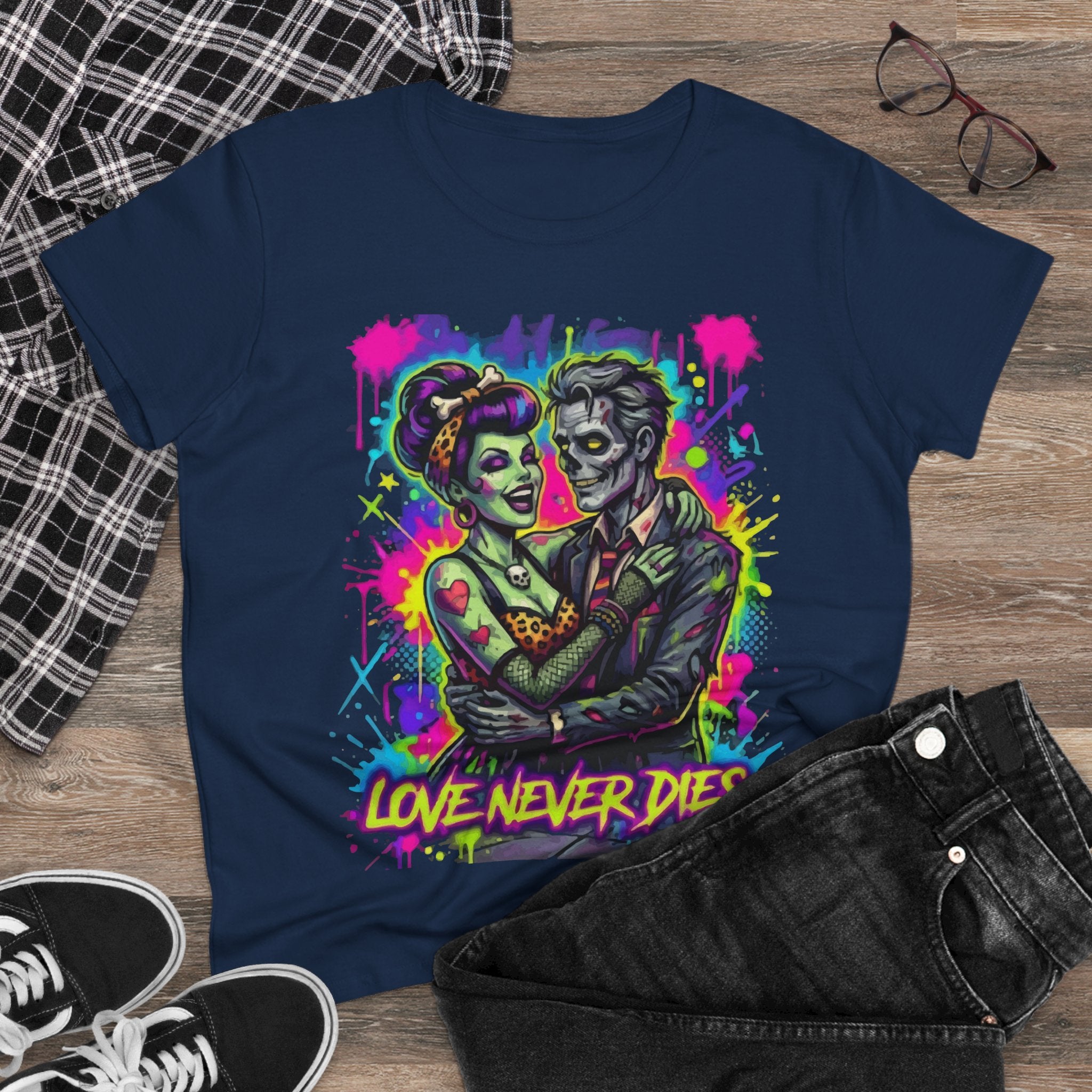 Women's Tee — Neon Zombie Couple "Love Never Dies" Graphic