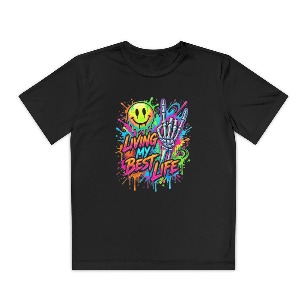 Youth Tee — "Living My Best Life" Neon Graffiti Smile Design