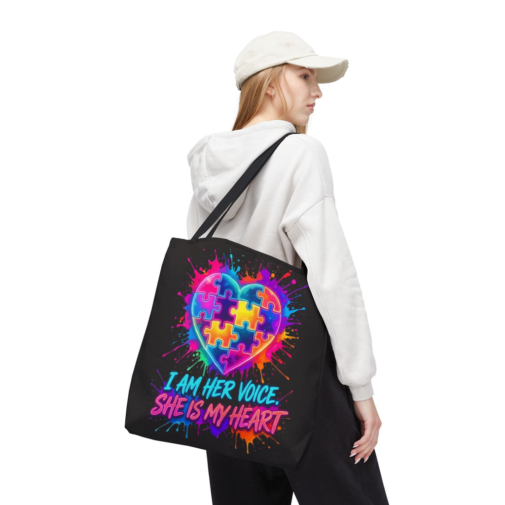 Autism Awareness Heart Tote Bag — "I Am Her Voice, She Is My Heart" Colorful Puzzle Design