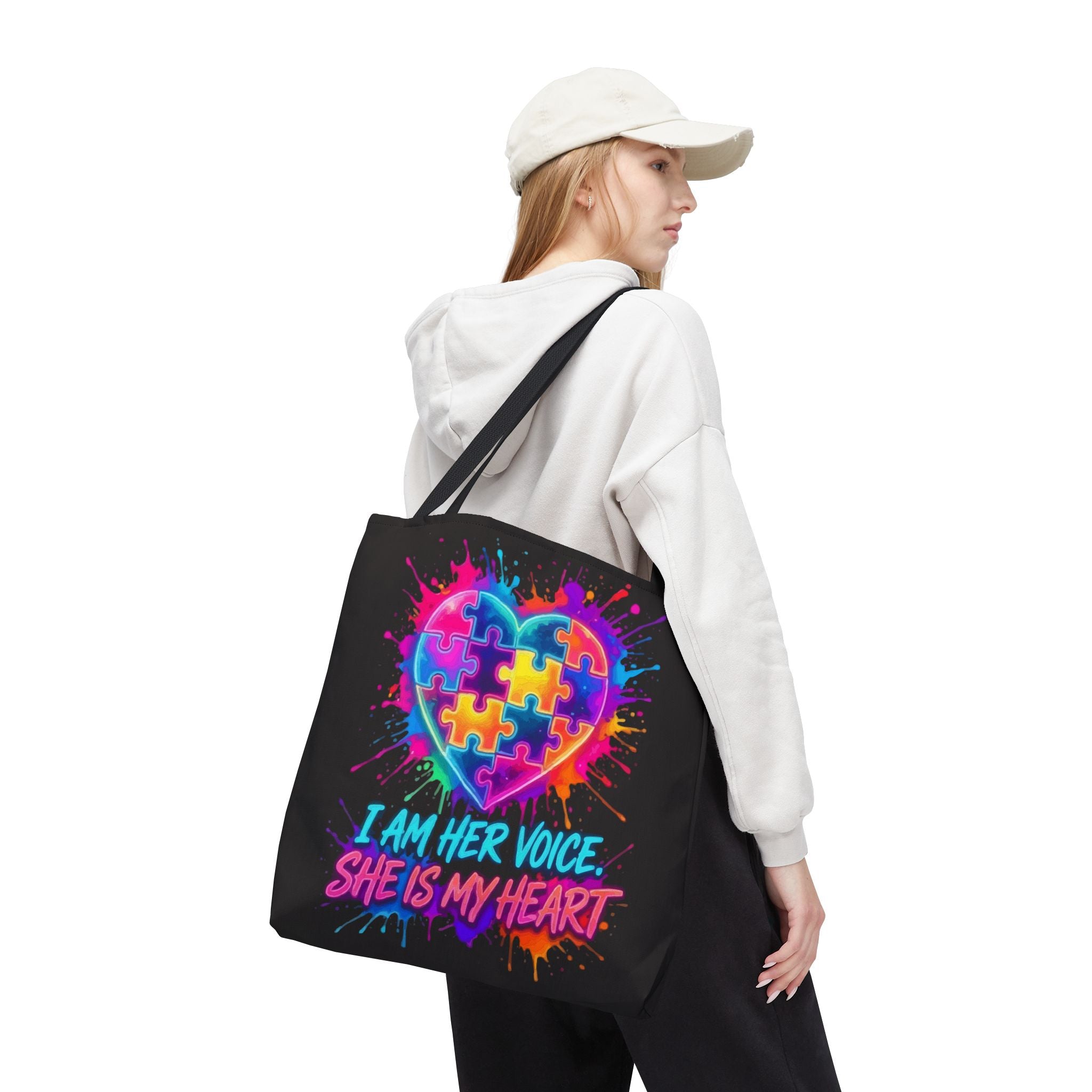 Autism Awareness Heart Tote Bag — "I Am Her Voice, She Is My Heart" Colorful Puzzle Design