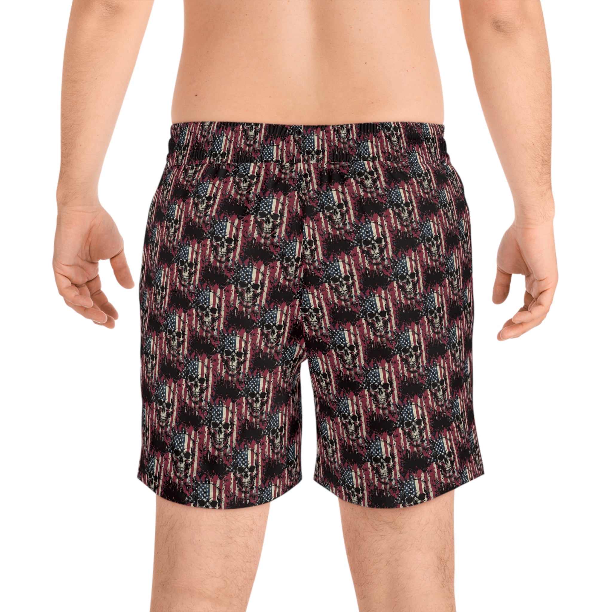 American Flag Skull Swim Shorts — Patriotic Gothic Beach Trunks