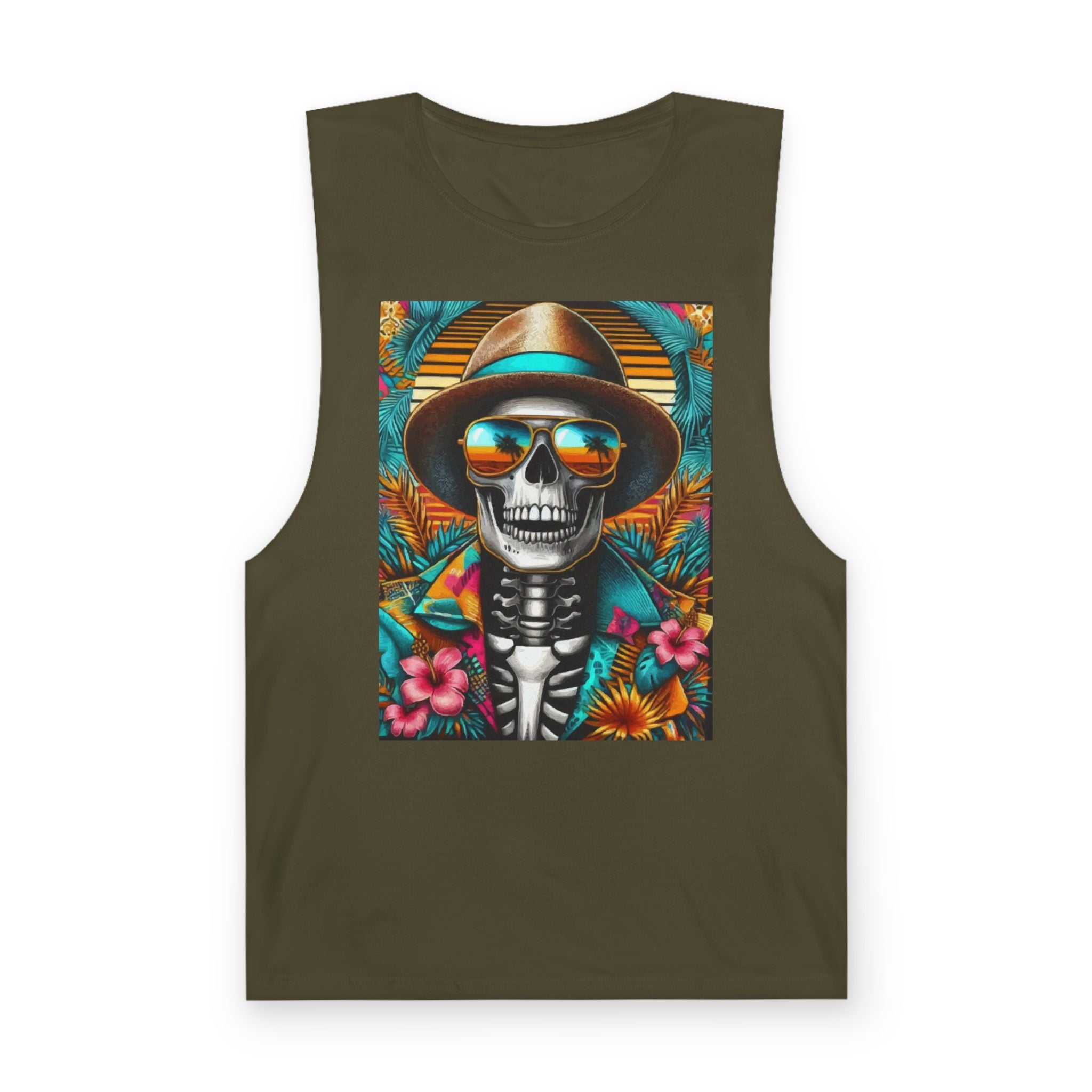 Skeleton Sun Hat Tank Top — Tropical Day of the Dead Skull Graphic Tank