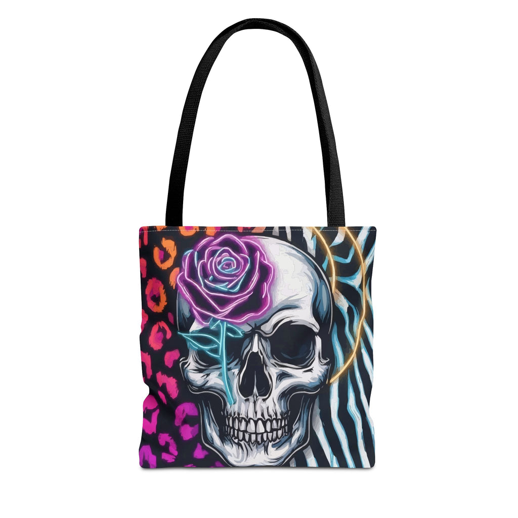 Skull & Rose Pattern Tote Bag — Neon Animal Print All-Over Tote