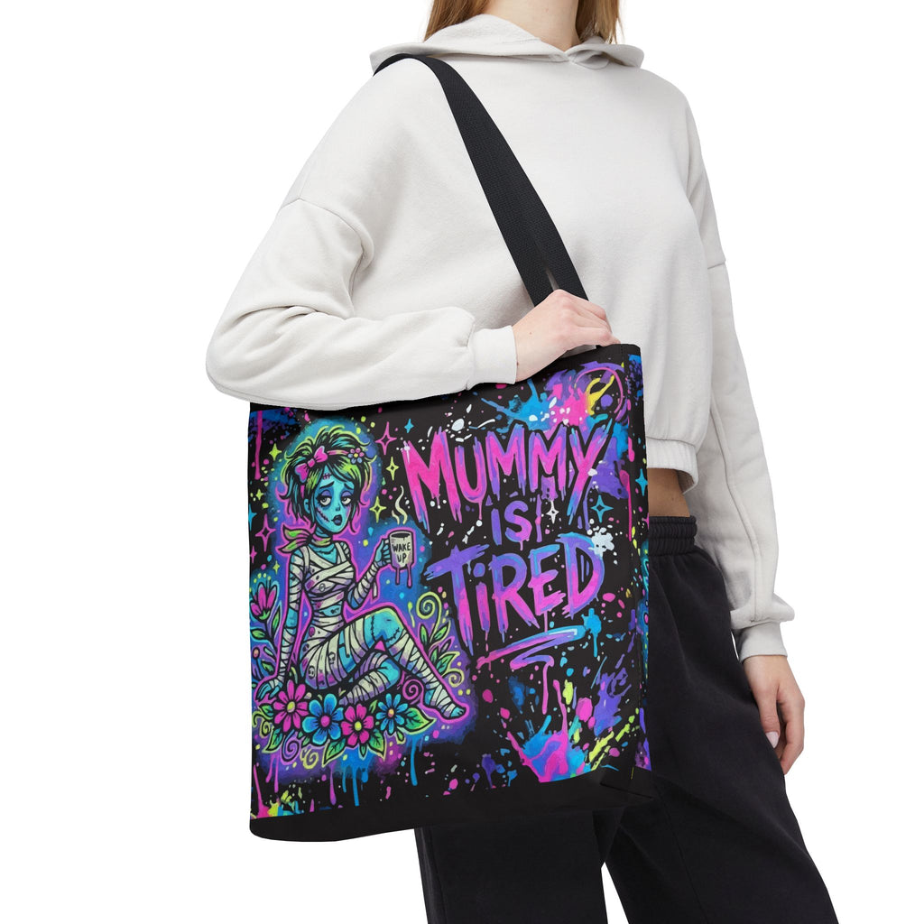 Mummy Is Tired Tote Bag — Neon Halloween Mom Canvas Shopper