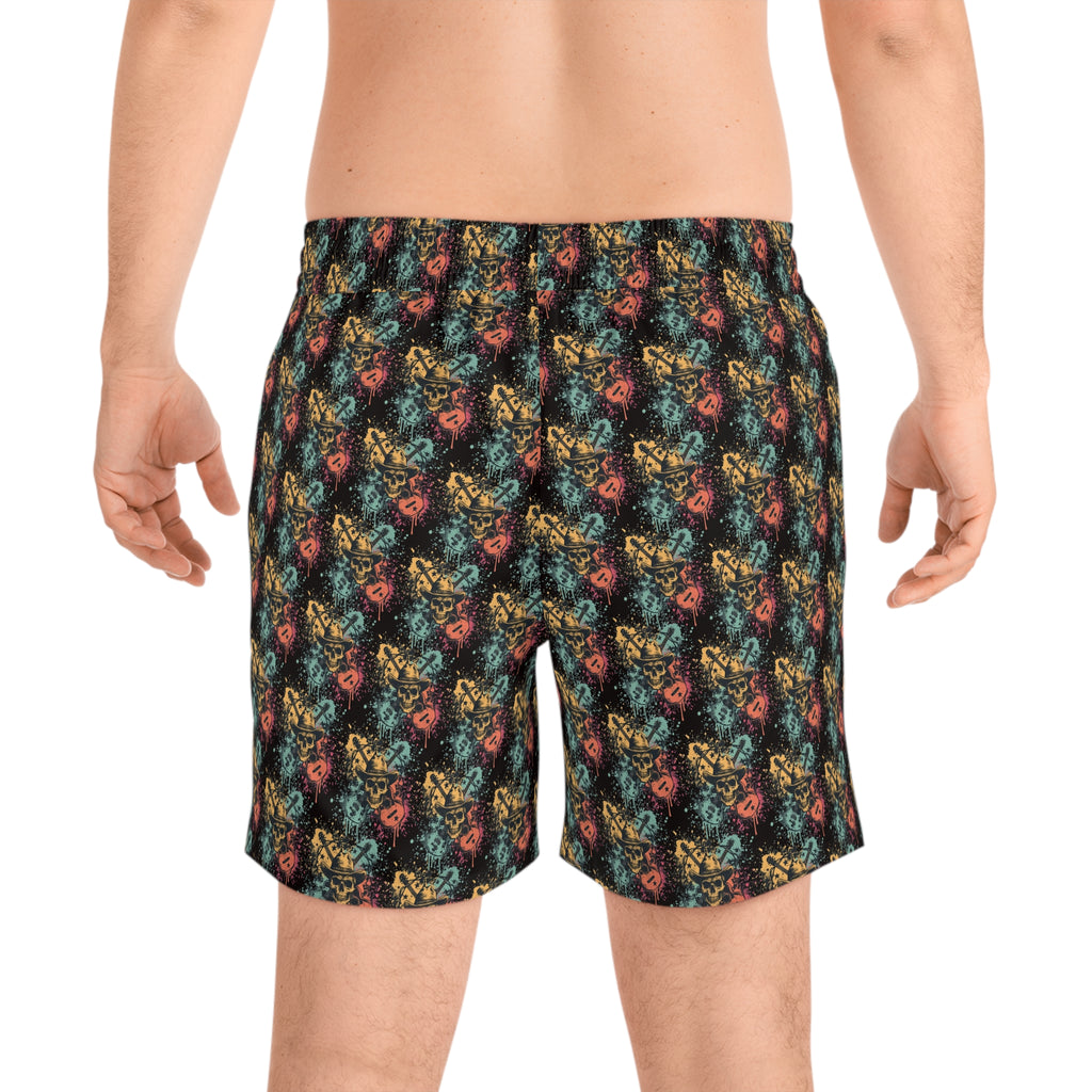 Skull Cowboy Swim Shorts — Retro Guitar Beach Trunks