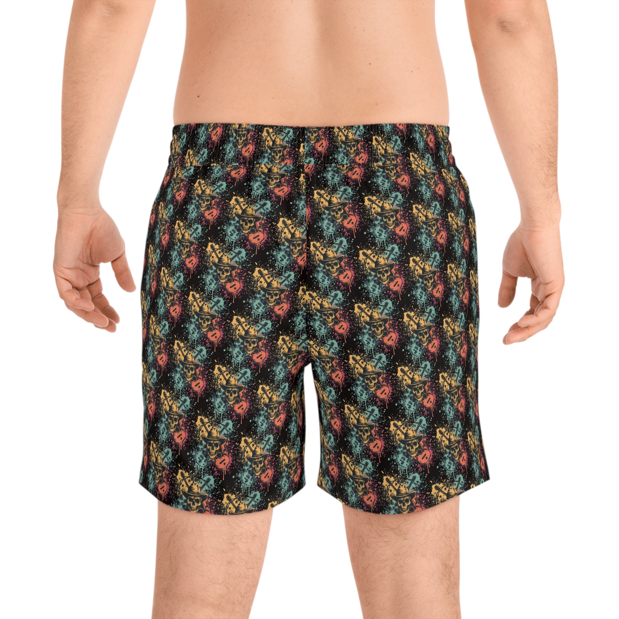 Skull Cowboy Swim Shorts — Retro Guitar Beach Trunks