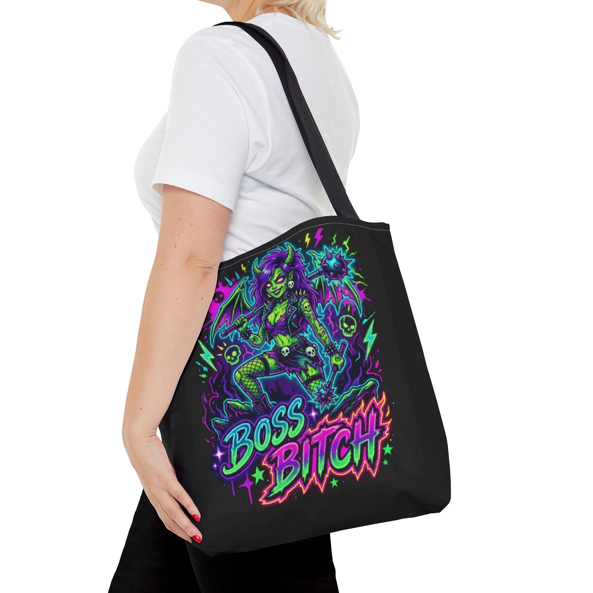 Tote — Neon Gothic 'Boss Bitch' Demoness Graphic Tote Bag