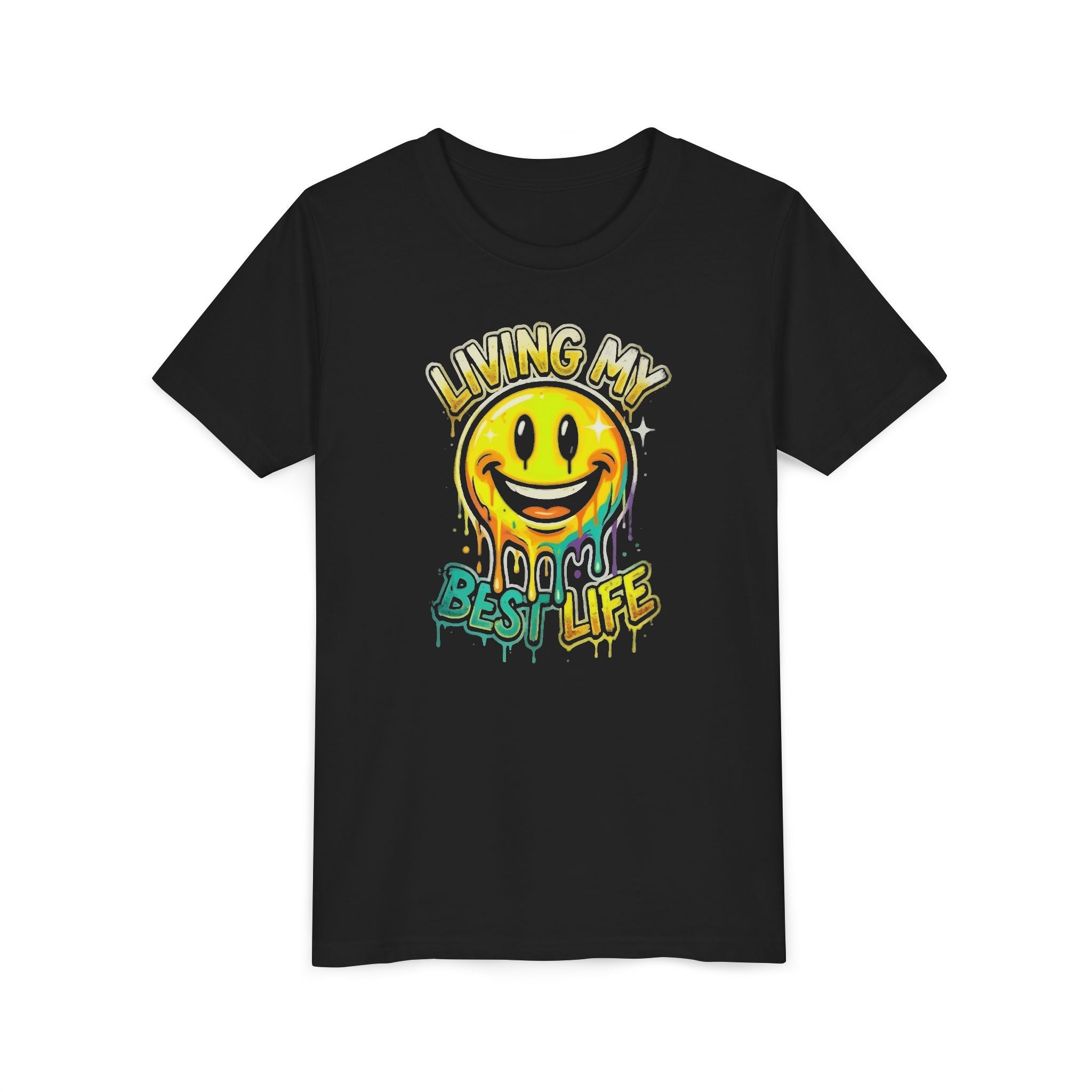 Youth Tee — "Living My Best Life" Smiley Drip Graphic