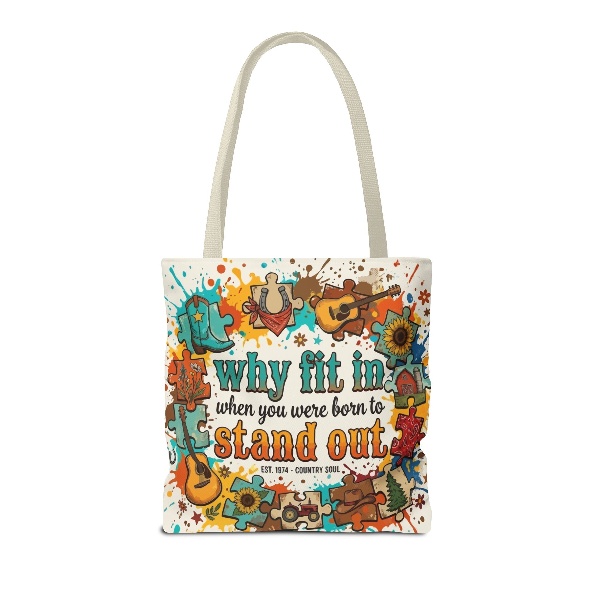 Stand Out Tote Bag — "Why Fit In When You Were Born to Stand Out" Colorful Boho Guitar Design