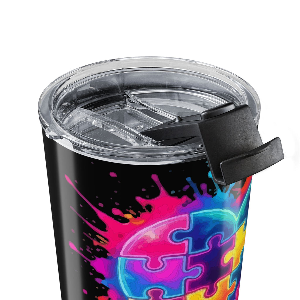 Autism Puzzle Heart 20oz Tumbler - "I Am Her Voice, She Is My Heart" Neon Travel Mug
