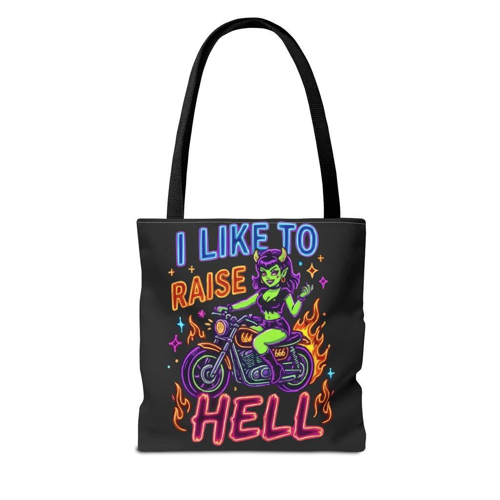 I Like to Raise Hell Motorcycle Tote Bag — Neon Biker Cat Graphic