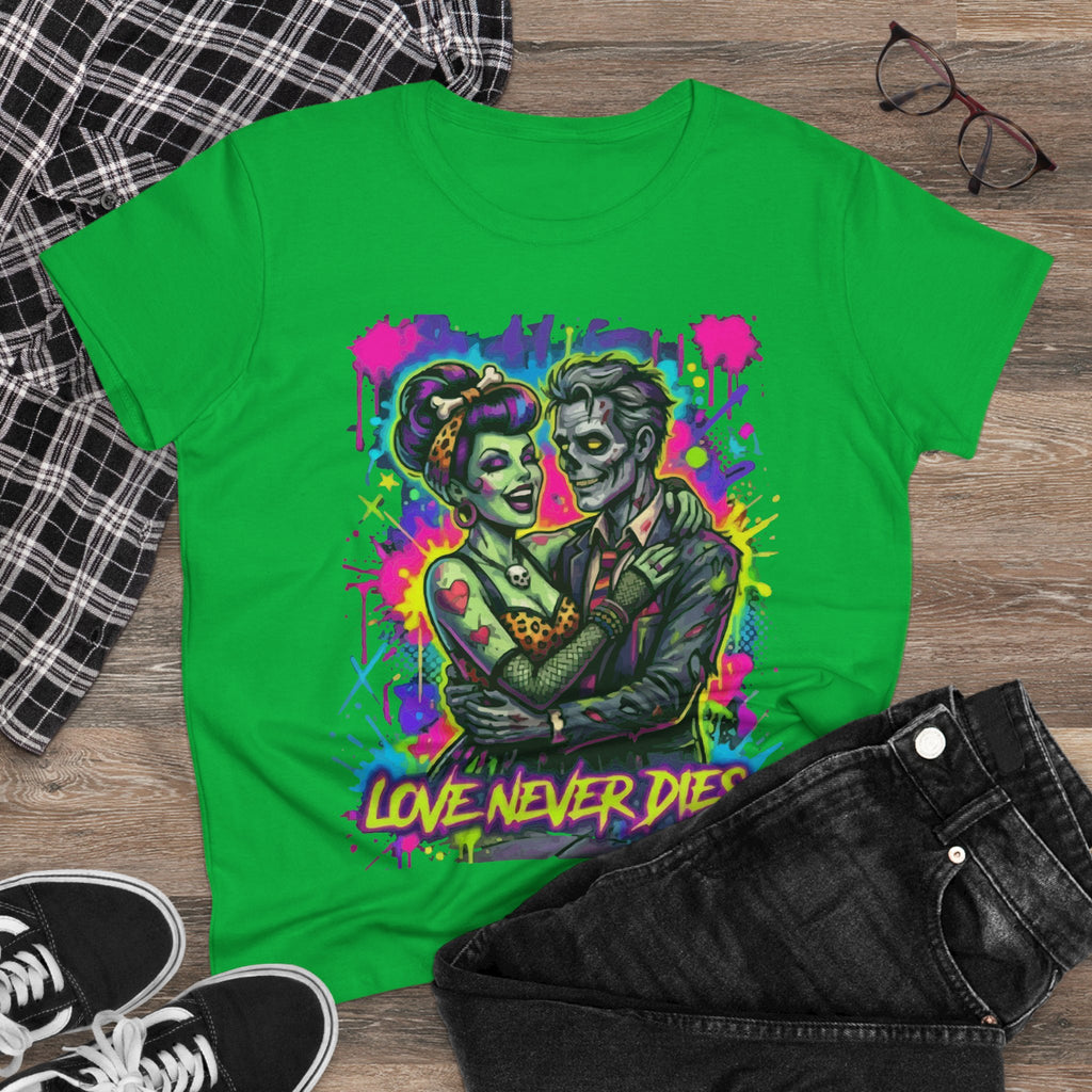 Women's Tee — Neon Zombie Couple "Love Never Dies" Graphic