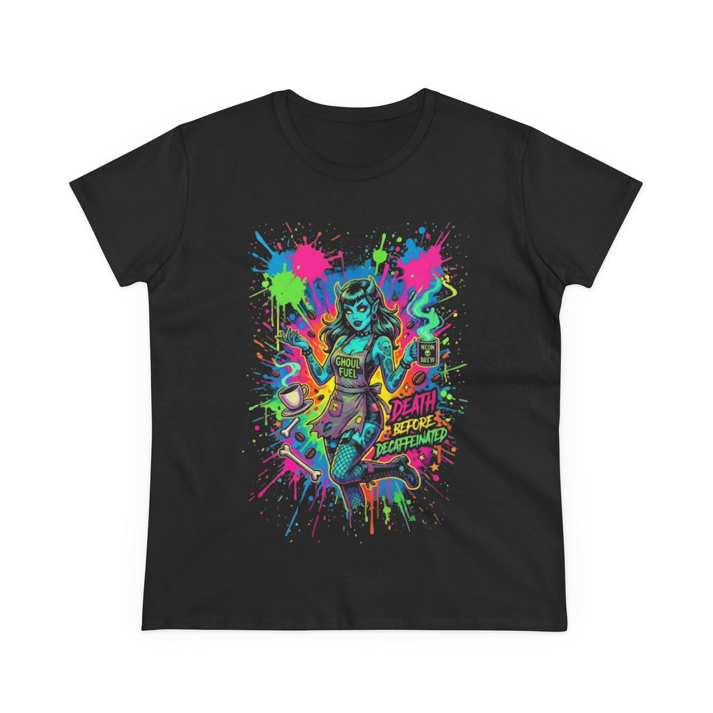 Neon Zombie Girl Graphic Tee — "Death Before Decaf" Punk Rock Women's T-Shirt