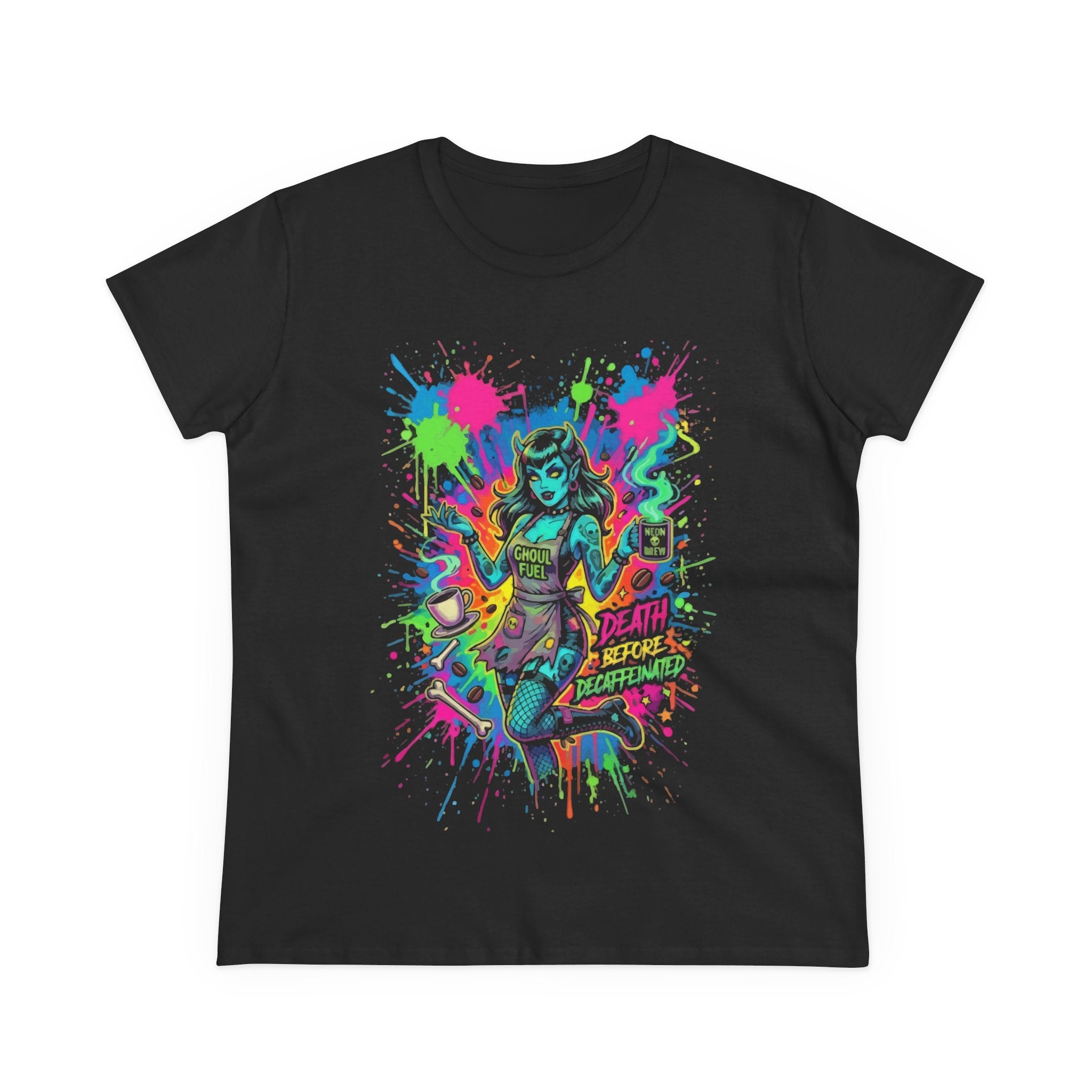 Neon Zombie Girl Graphic Tee — "Death Before Decaf" Punk Rock Women's T-Shirt