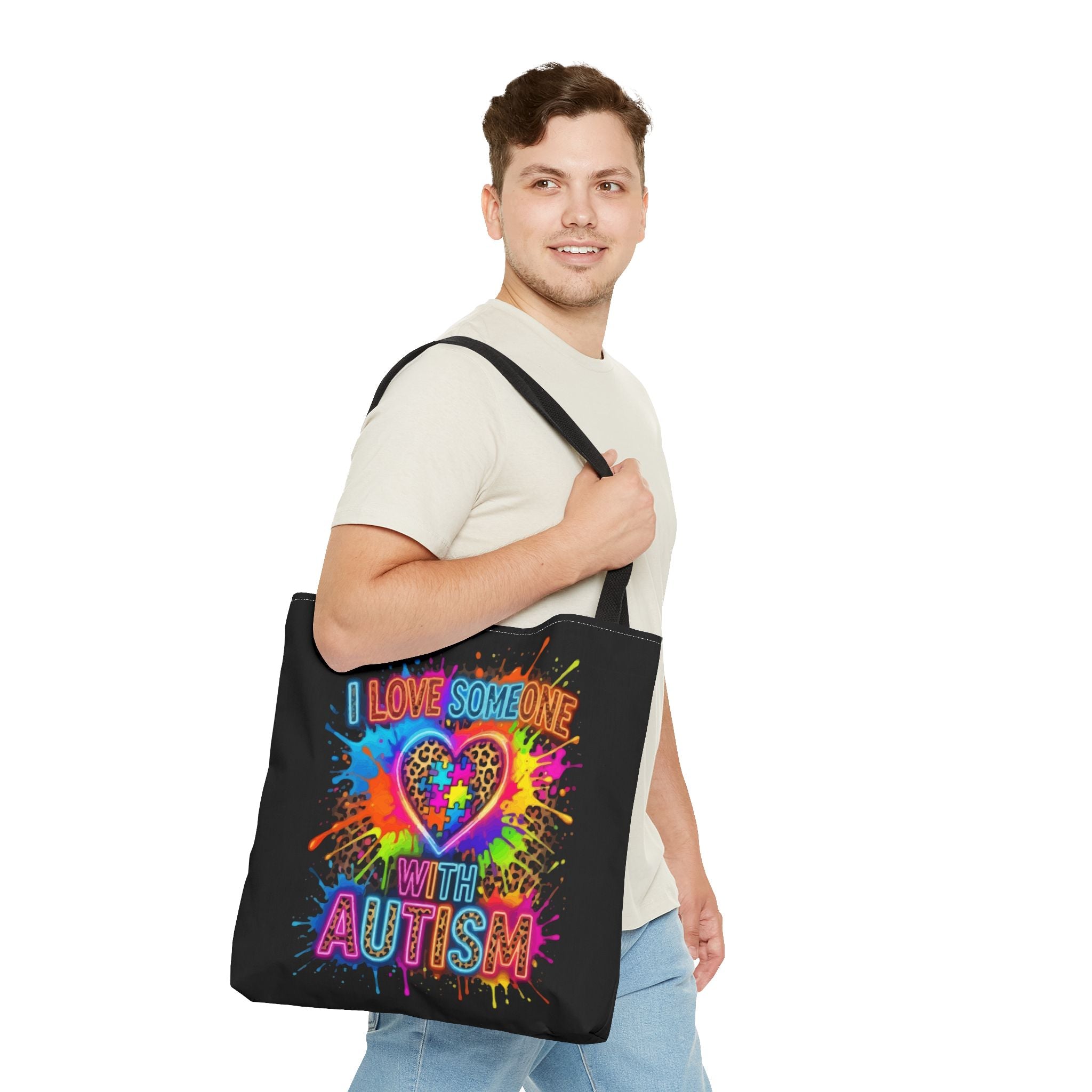 Autism Awareness Tote Bag – "I Love Someone With Autism" Colorful Heart Design