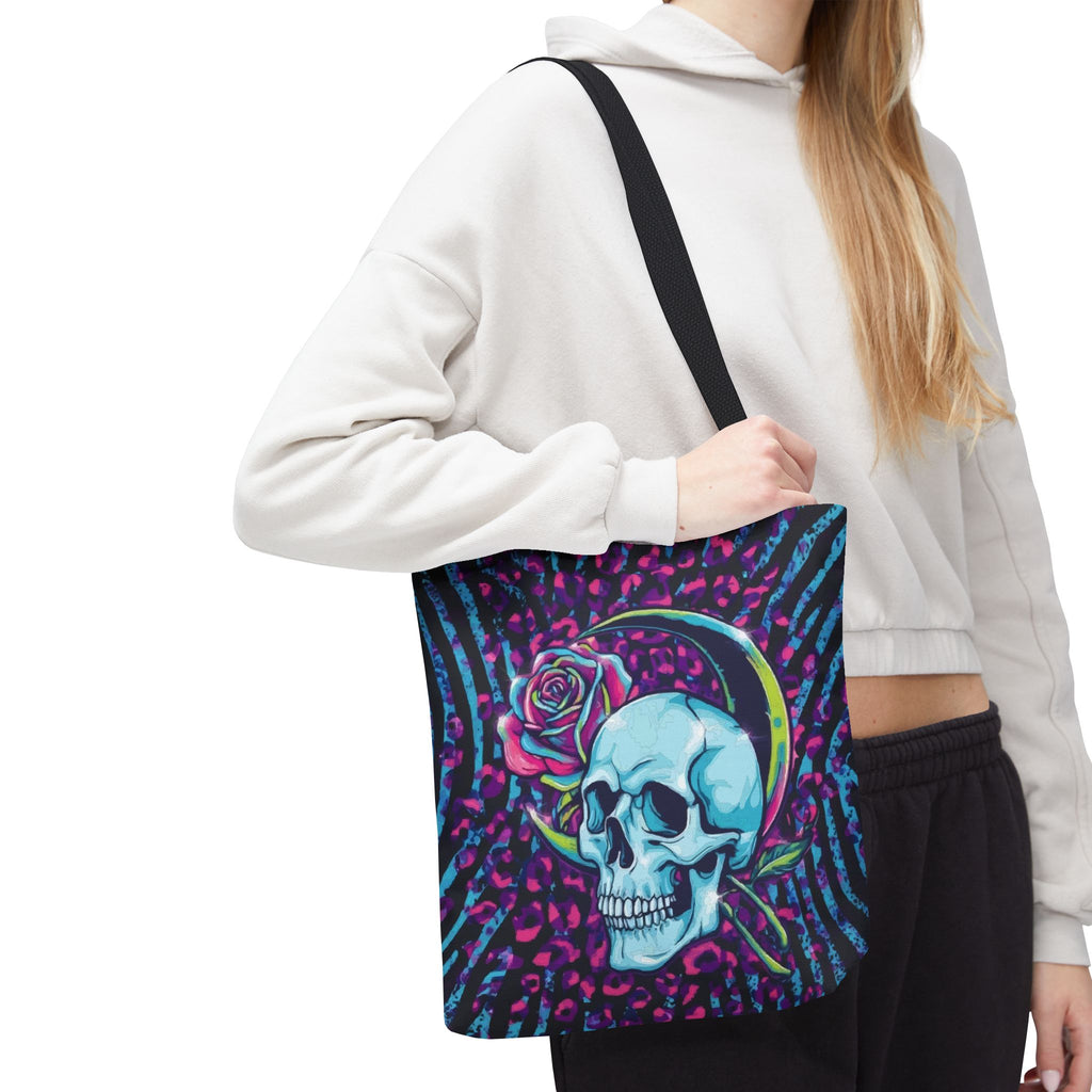 Skull & Rose Tote Bag — Neon Gothic Crescent Moon AOP Tote