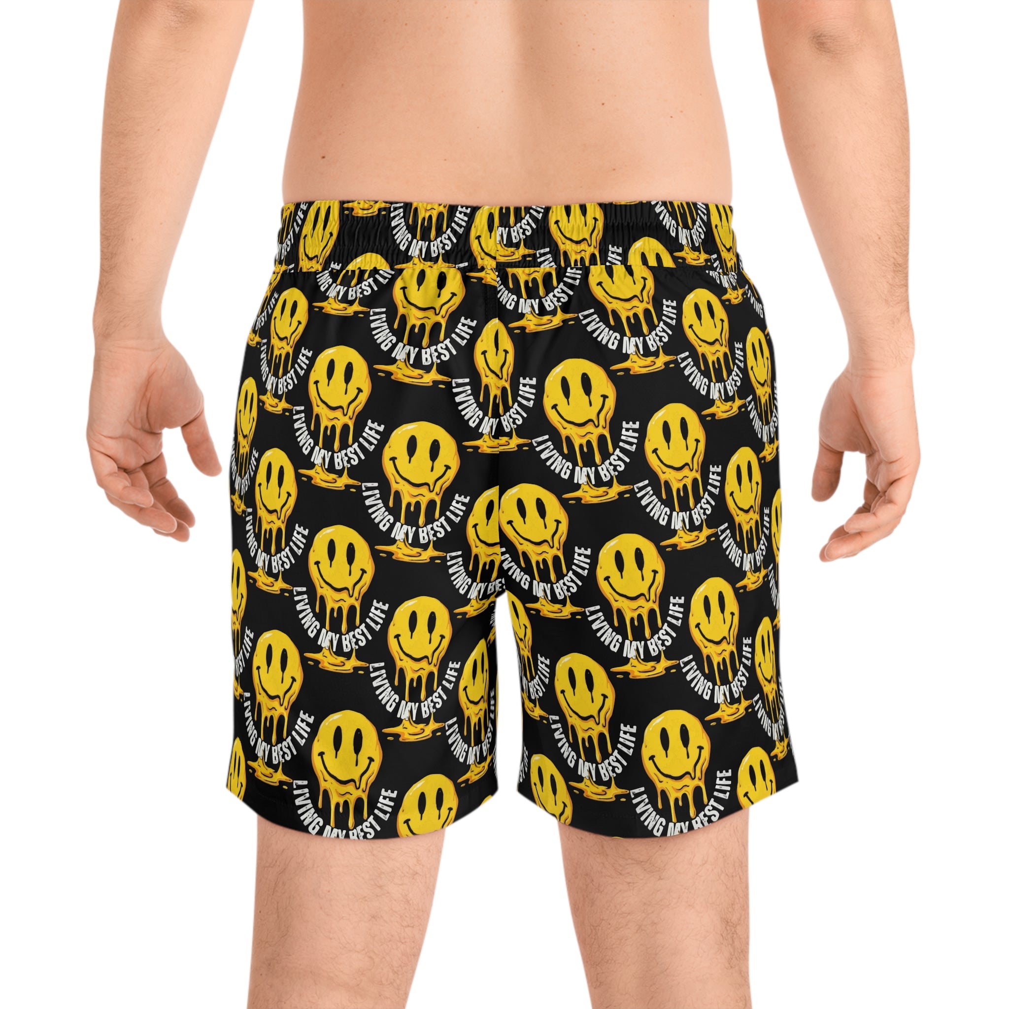 Men's Swim Shorts — Yellow Melting Smiley "Living My Best Life" All-Over Print