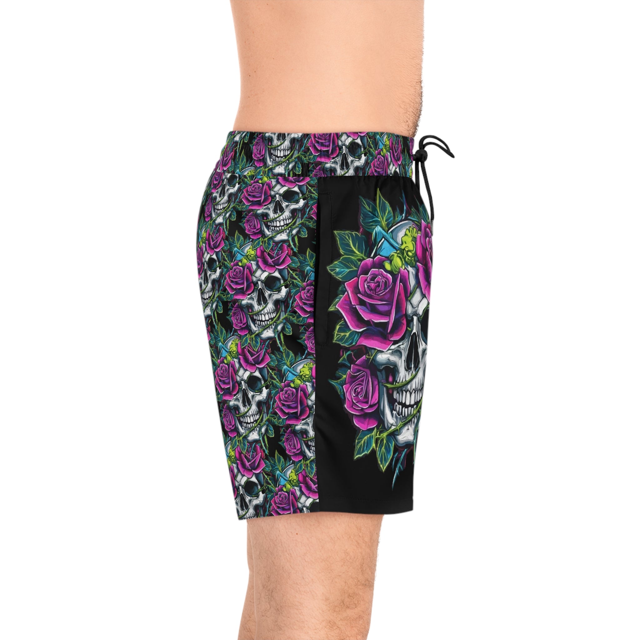 Men's Skull & Roses Swim Shorts — Purple Rose Skeleton Beach Trunks