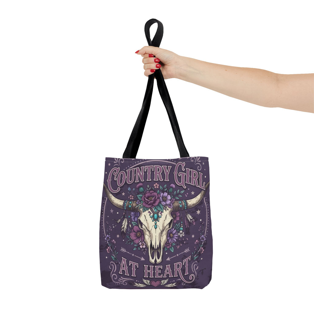 Country Girl at Heart Tote Bag — Floral Bull Skull All-Over Print