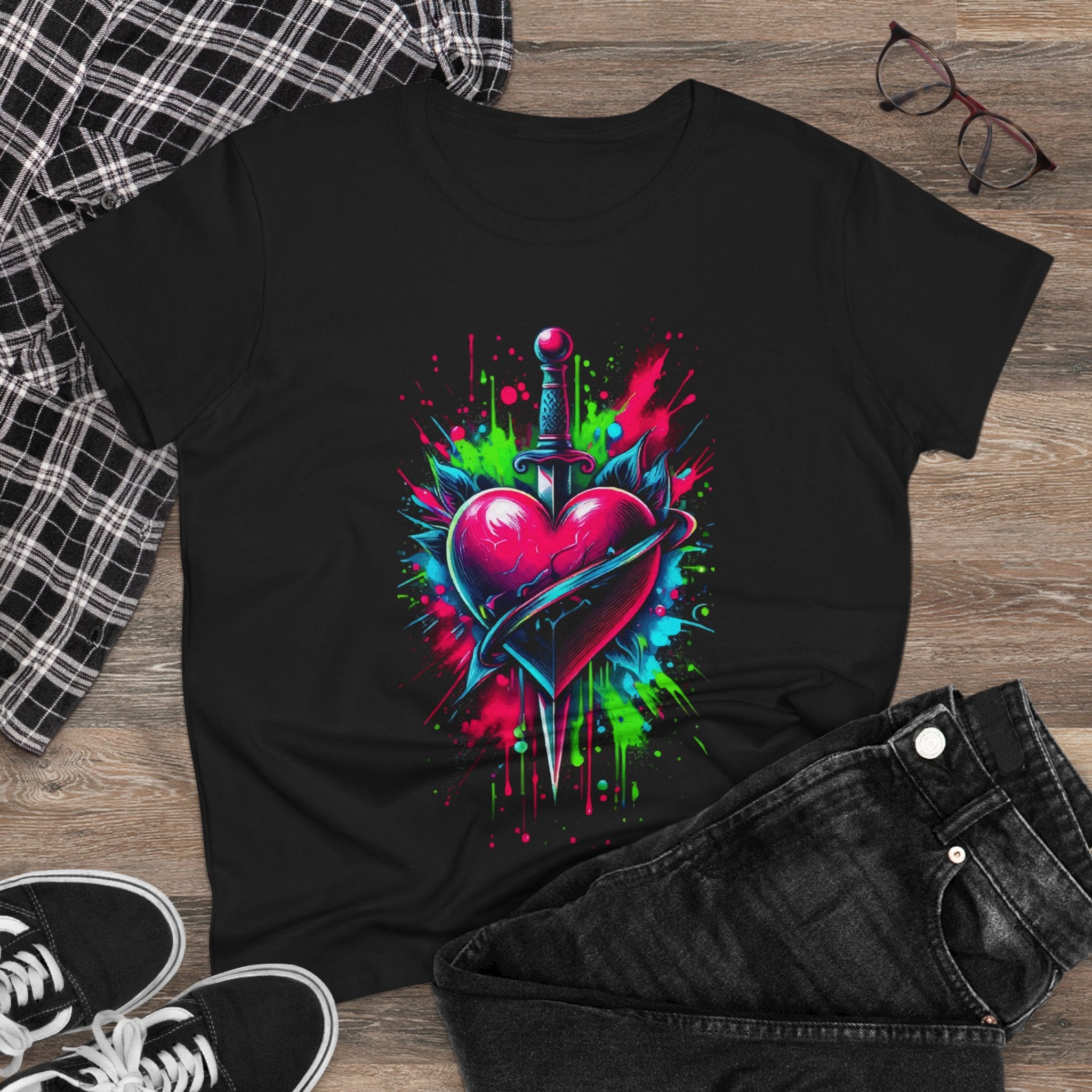 Neon Heart Dagger Tee — Vibrant Splatter Graphic Women's T‑Shirt