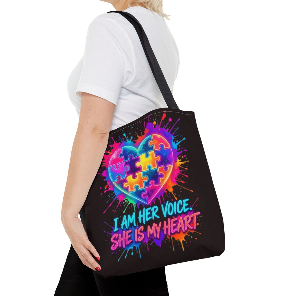 Autism Awareness Heart Tote Bag — "I Am Her Voice, She Is My Heart" Colorful Puzzle Design