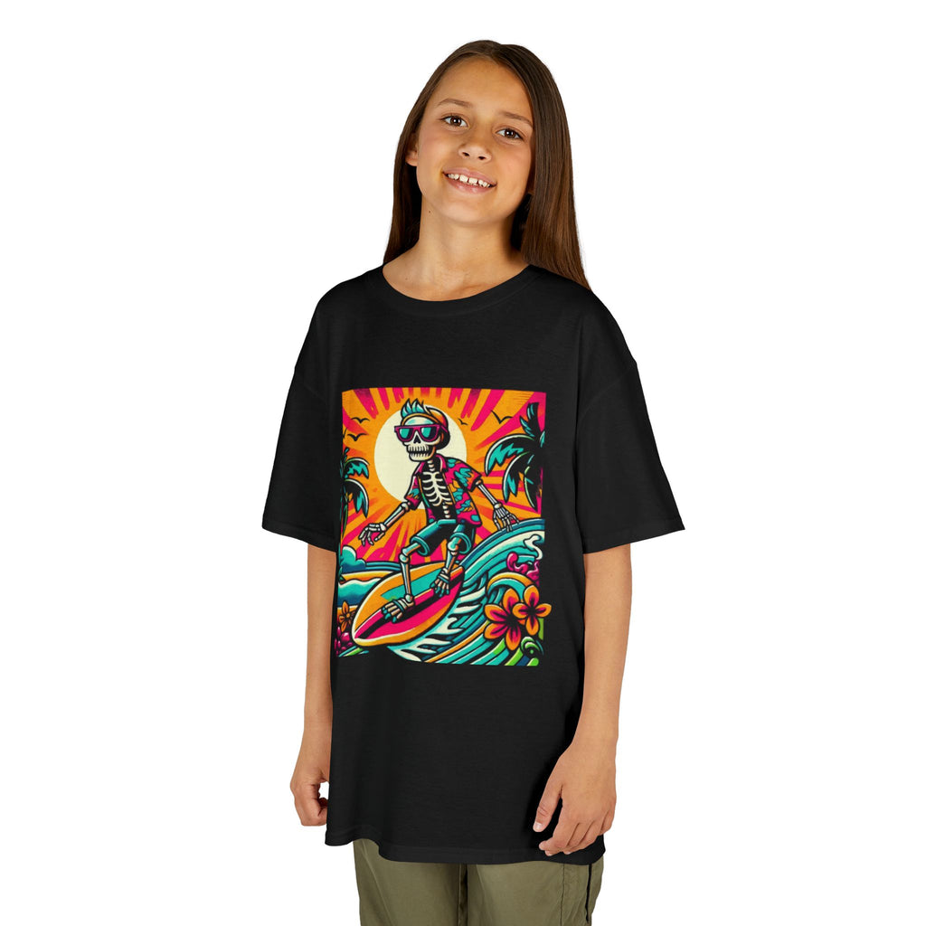 Kids Surfing Shark Tee — Colorful Retro Beach Wave Graphic