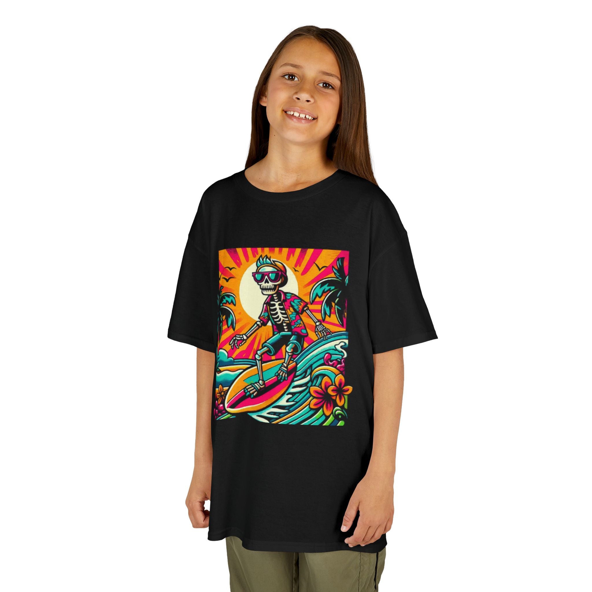 Kids Surfing Shark Tee — Colorful Retro Beach Wave Graphic