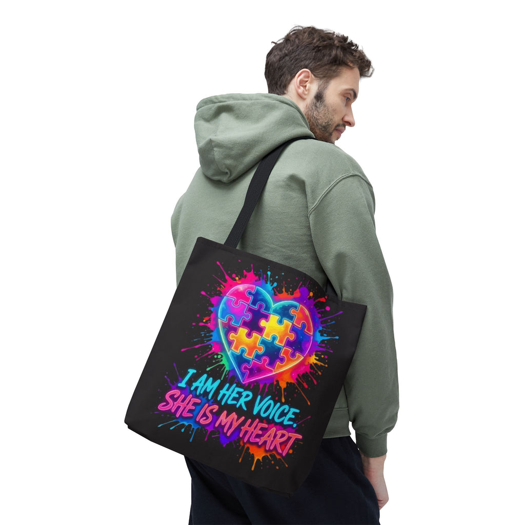 Autism Awareness Heart Tote Bag — "I Am Her Voice, She Is My Heart" Colorful Puzzle Design