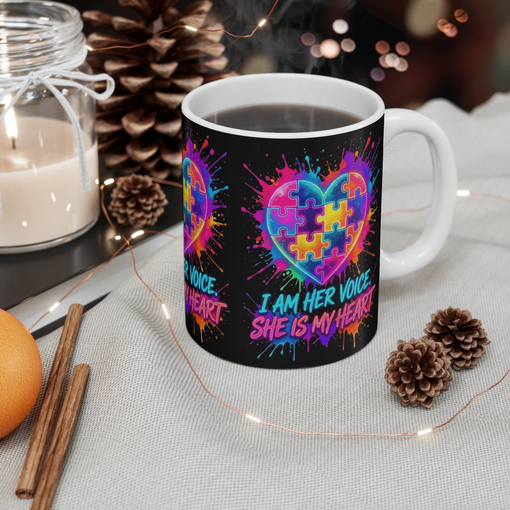 Autism Awareness Mug — "I Am Her Voice, She Is My Heart" Colorful Puzzle Heart