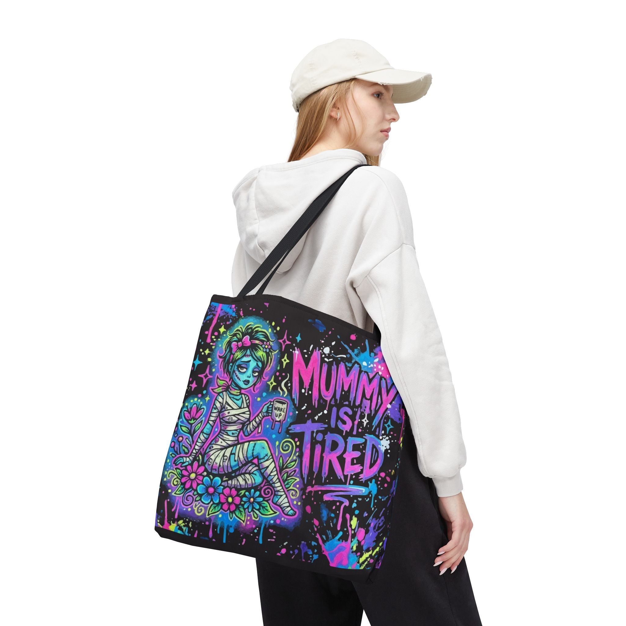 Mummy Is Tired Tote Bag — Neon Halloween Mom Canvas Shopper