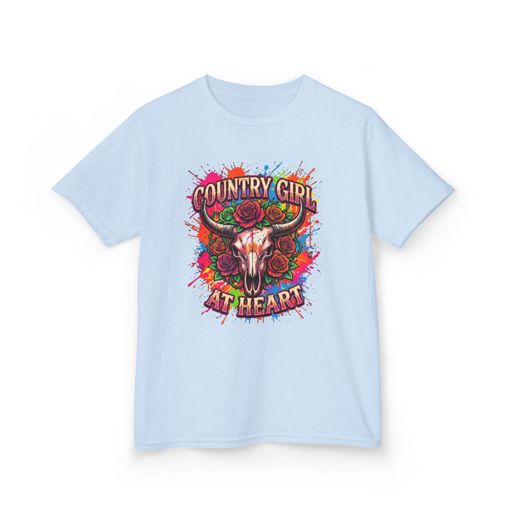 Kids T-Shirt — "Country Girl at Heart" Colorful Cow Skull Tee