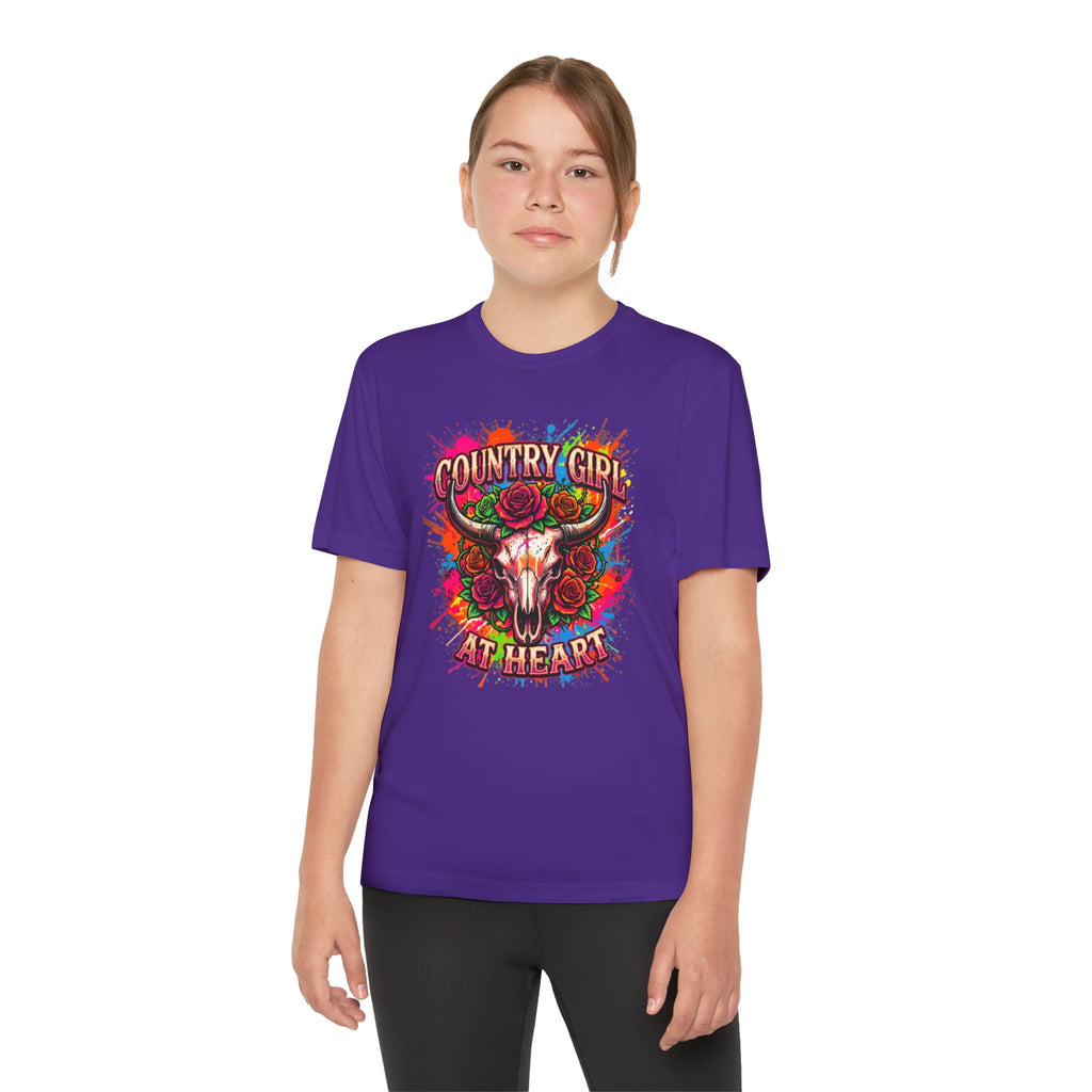 Youth T-Shirt — "Country Girl at Heart" Floral Bull Skull Graphic