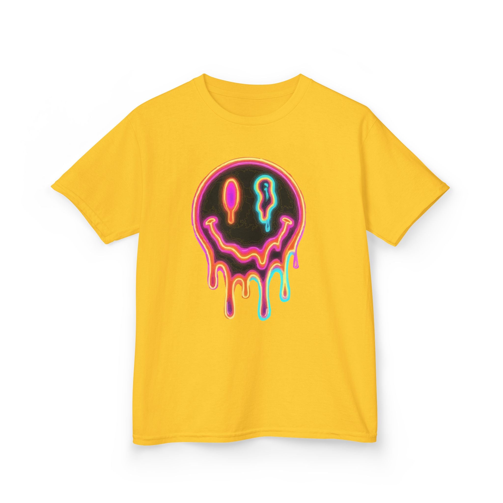 Kids Neon Drip Smiley T-Shirt — Colorful Melting Emoji Tee for Boys & Girls